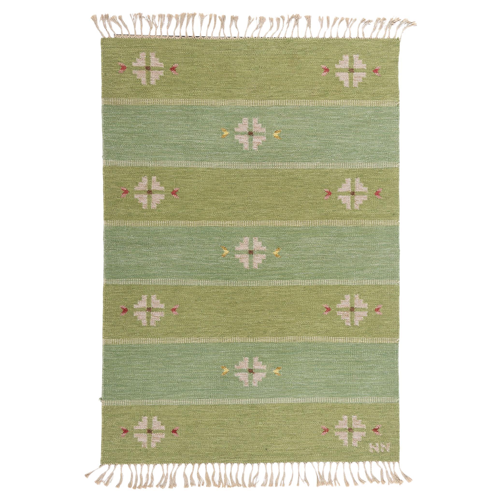 Nils Nilsson Vintage Swedish Green Scandinavian Röllakan Rug, 04'09 x 06'09