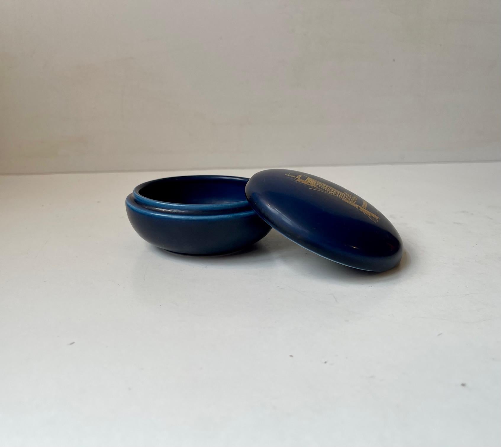 Mid-Century Modern Nils Thorsson Blue Faience Trinket Jar for Aluminia, 1950s For Sale