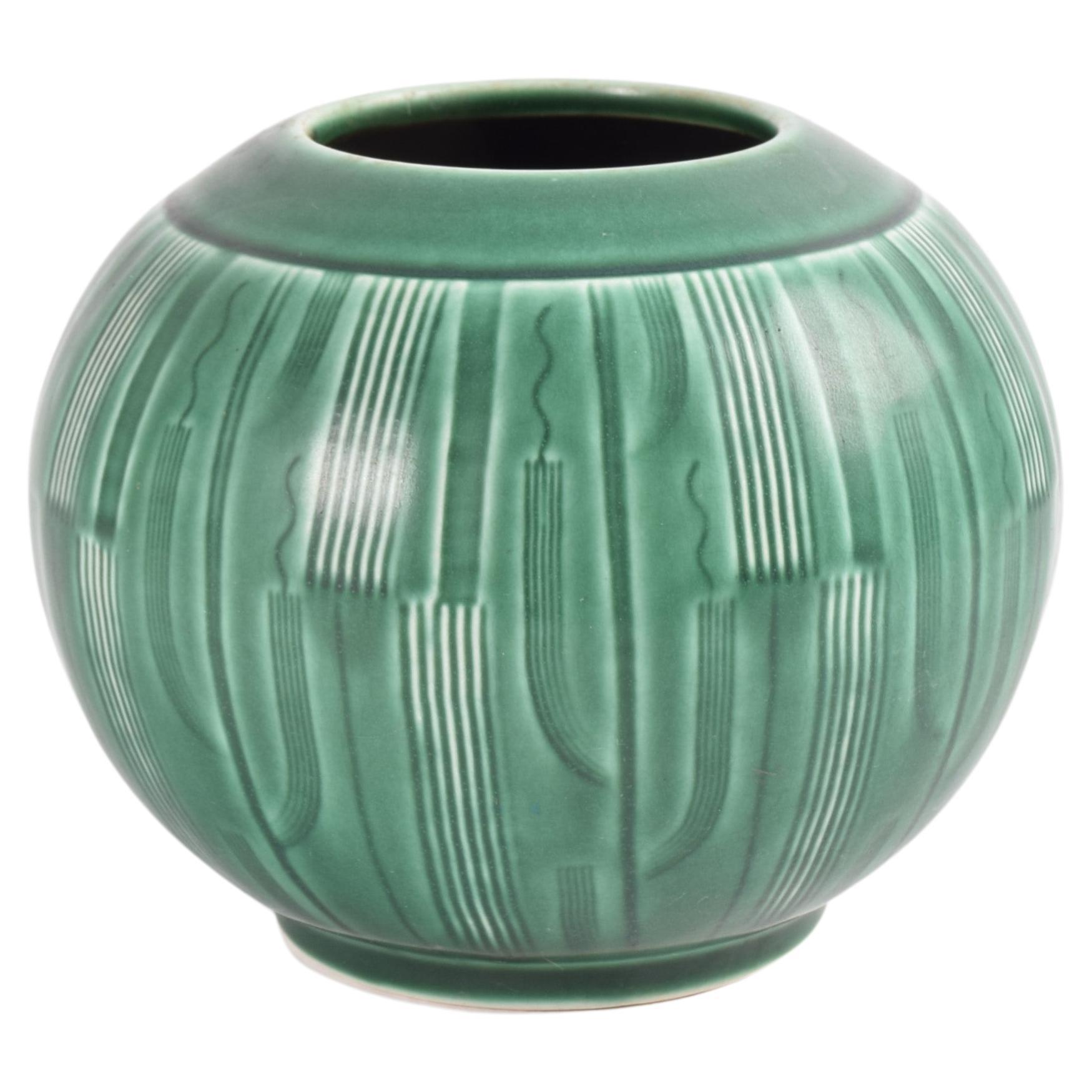 Nils Thorsson for Aluminia Green Solbjerg Vase Ball Shape, Danish Art Deco 1930s For Sale