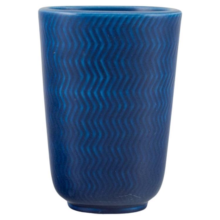 Nils Thorsson for Aluminia. "Marselis" faience vase in deep blue glaze. For Sale