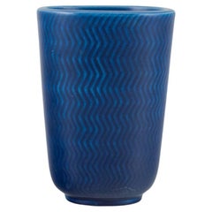 Nils Thorsson for Aluminia. "Marselis" faience vase in deep blue glaze.