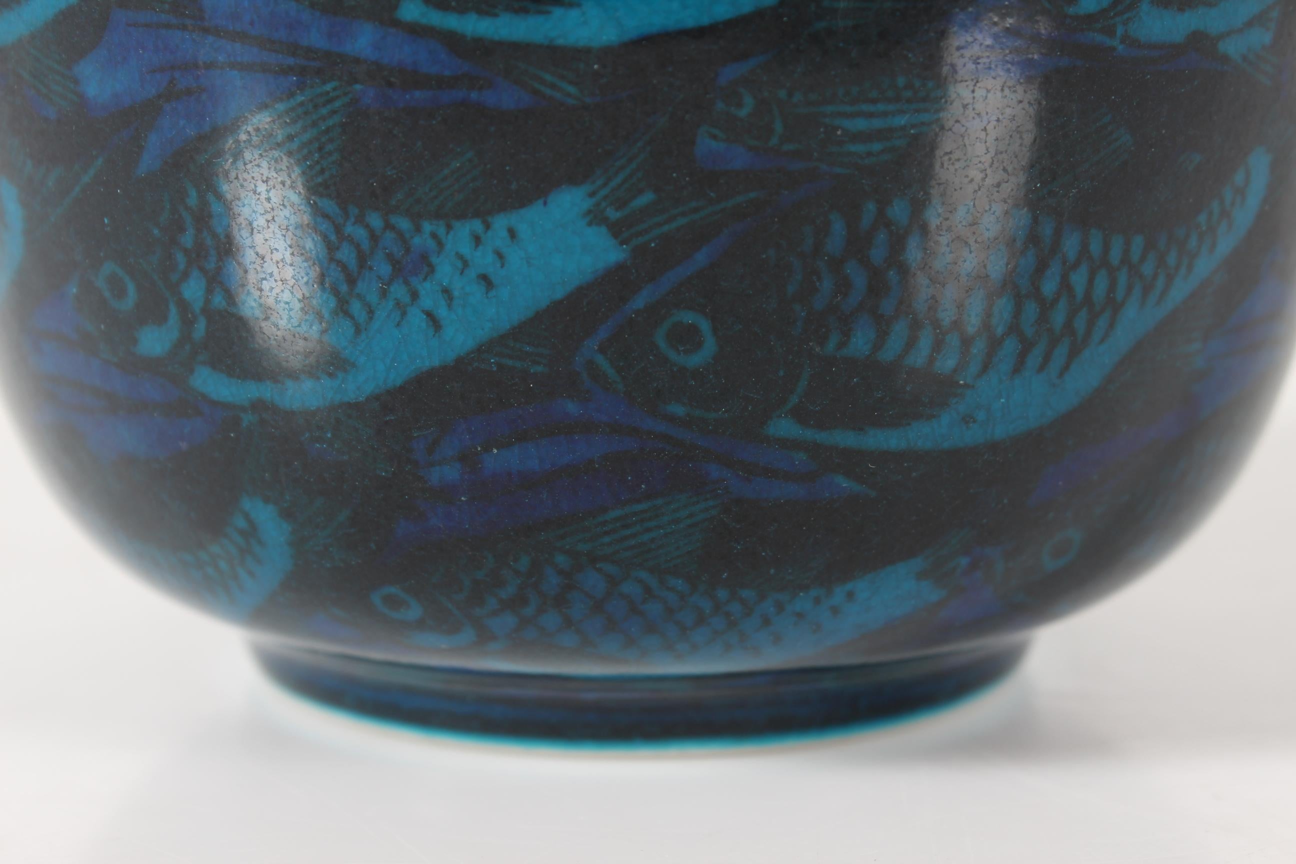Danish Nils Thorsson for Royal Copenhagen Blue Jar Vase with Fish Motifs Denmark 1961 For Sale