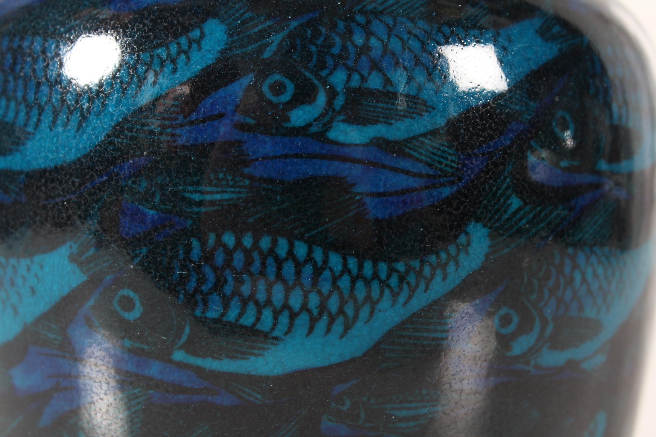 Glazed Nils Thorsson for Royal Copenhagen Blue Jar Vase with Fish Motifs Denmark 1961