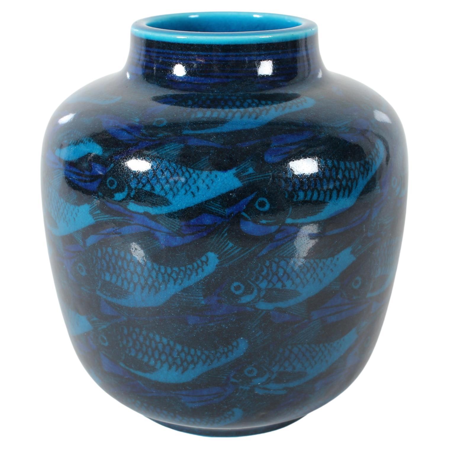 Nils Thorsson for Royal Copenhagen Blue Jar Vase with Fish Motifs Denmark 1961