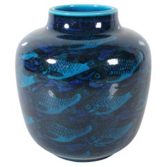 Nils Thorsson pour Royal Copenhagen Vase jarre bleu à motifs de poissons Danemark 1961