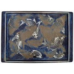 Nils Thorsson for Royal Copenhagen, Large Tray in Glazed Faience with Fish Motif