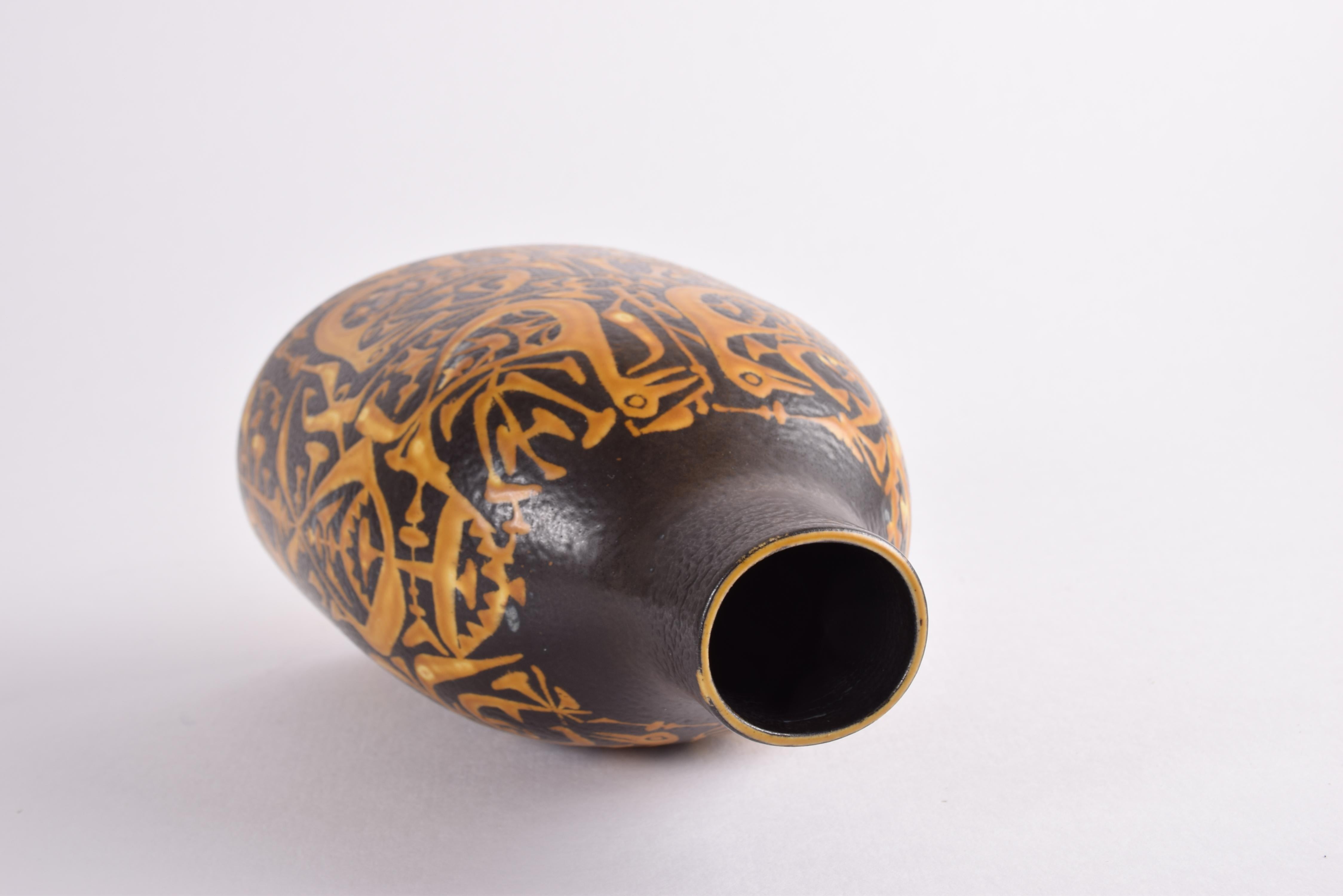 Ceramic Nils Thorsson Royal Copenhagen Baca Vase Bird Motif Black Yellow, Danish 1970s