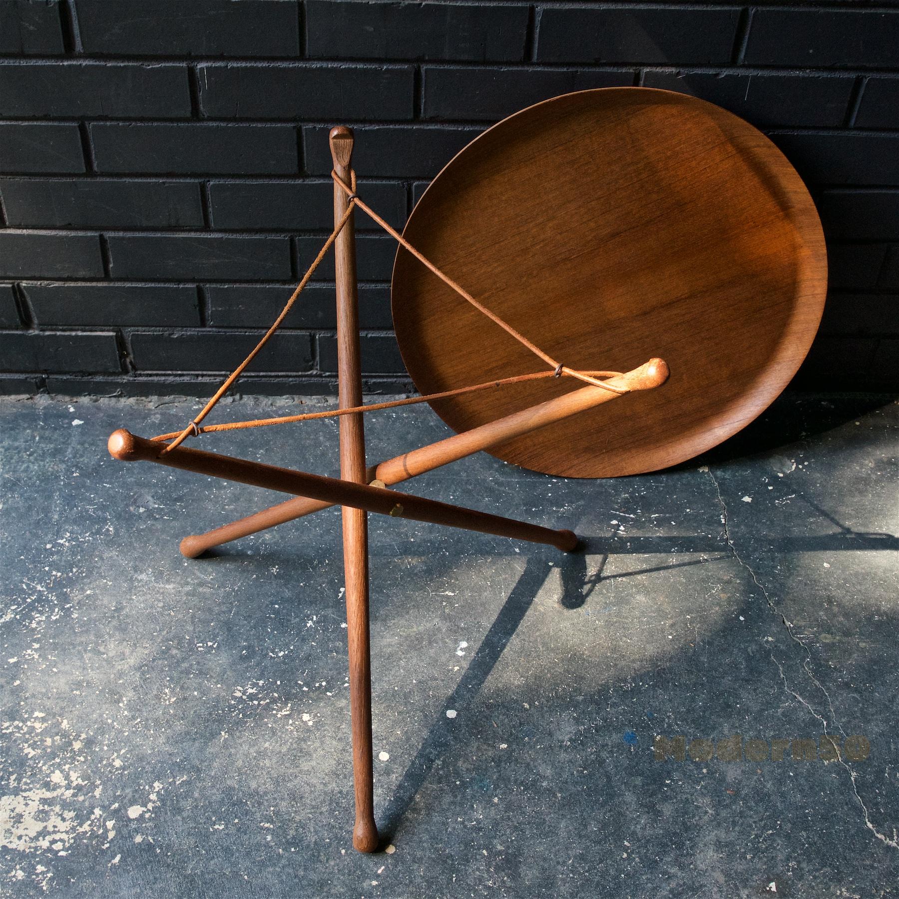 Leather Nils Trautner Teak Tripod Tray Table Midcentury Serving Picnic Pool Campaign
