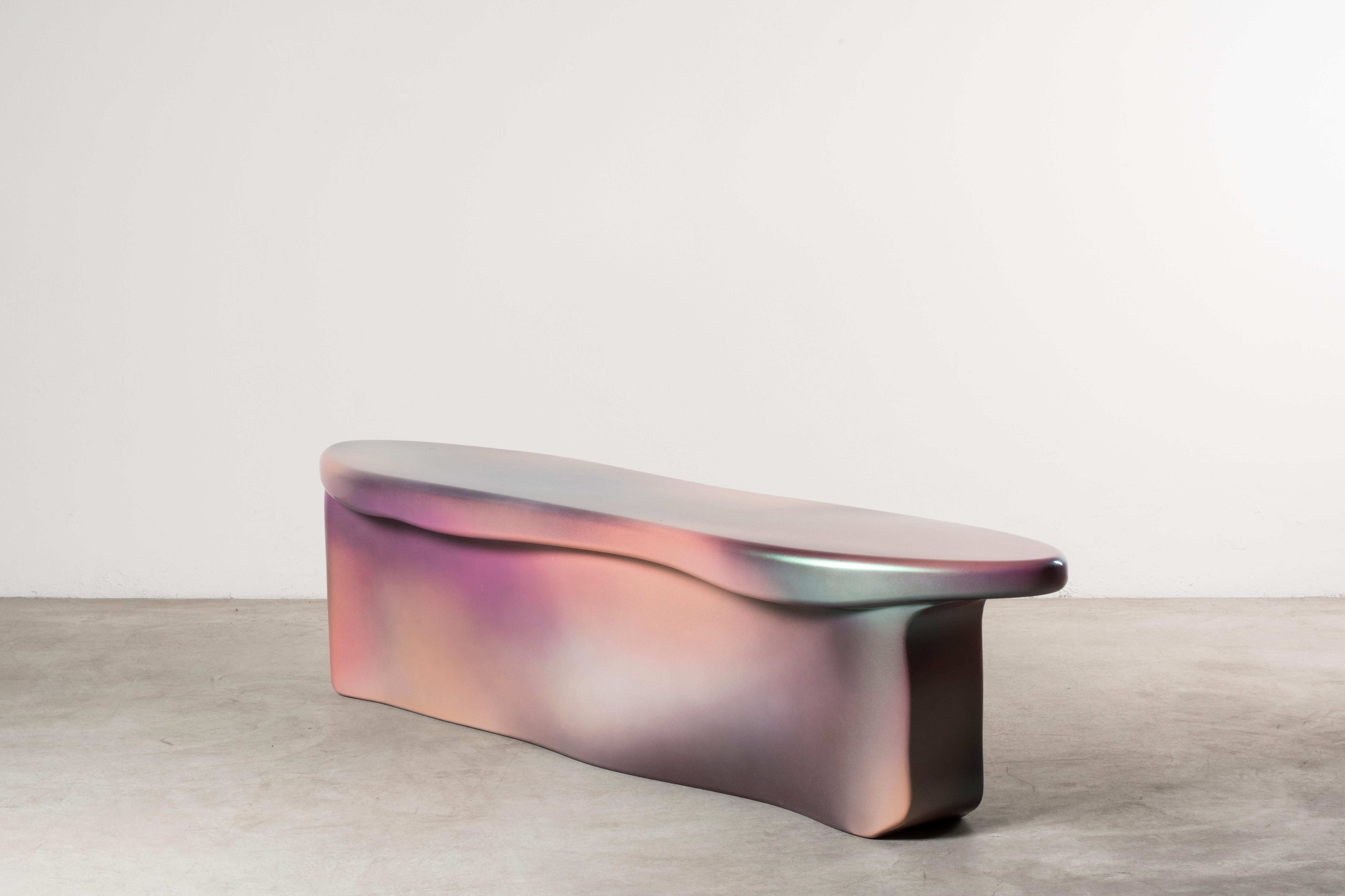 Guise 4 spray bench by Odd Matter, Italy, 2018. Nilufar edition. EPS foam, spray. Measures: 163 x 40 x H 36 cm, 64.2 x 15.7 x H 14.2 in. Guise explores the first encounter? Through the potential of spray painting. Surfaces protect what is below and