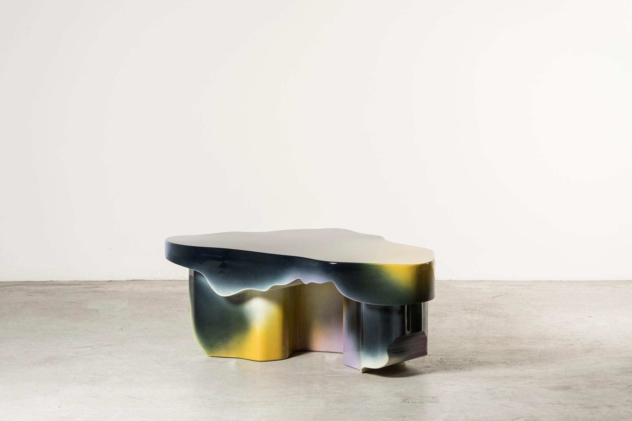 Guise coffee table by Odd Matter, the Netherlands, 2019. Nilufar edition. EPS foam, spray. Measures: 45 x 80 x H 123 cm, 17.7 x 31 x H 48.4 in. Guise explores the first encounter? Through the potential of spray painting.? Surfaces protect what is