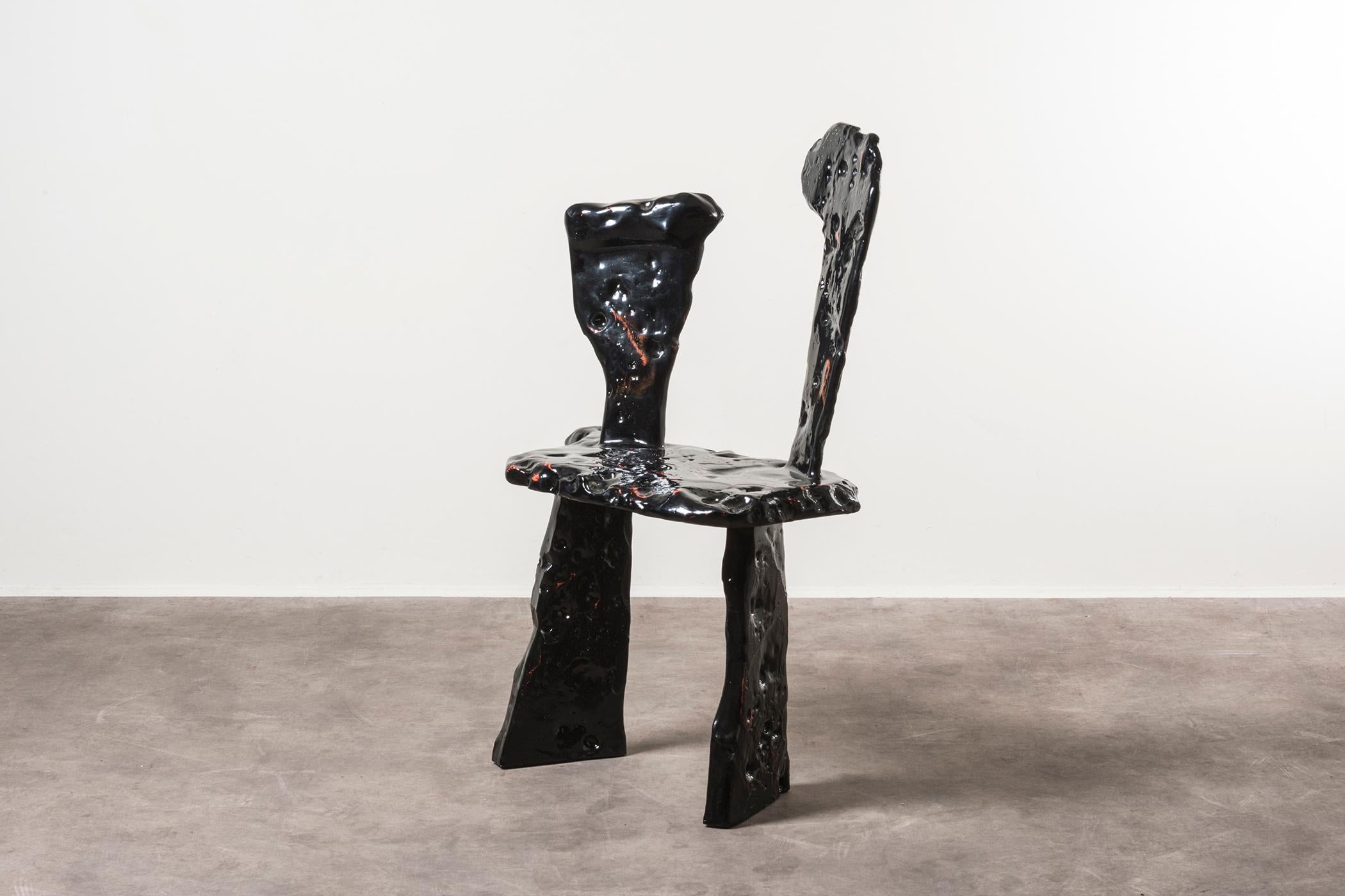 New Labi chair by Alberto Vitelio, Chile, 2019. Nilufar edition. Wood, automotive paint. Measures: 67 x 37 x 100 cm, 26.3 x 4.5 x 39.4 in. Alberto Vitelio comes from several generations of blacksmiths. He grew up in Chile surrounded by fire and