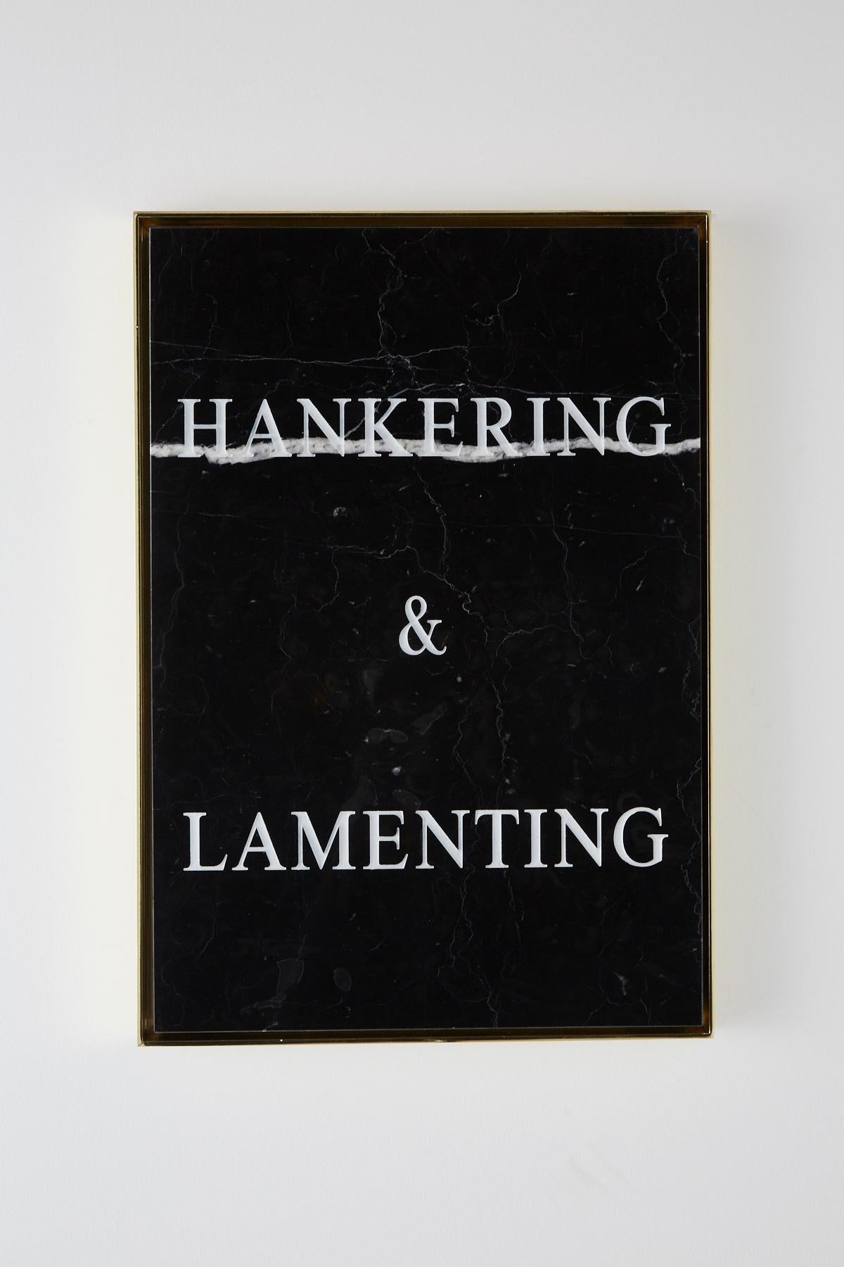 Contemporary wall mounted textual sculpture in Carrara marble and hand made aluminum frame.

"Hankering & Lamenting," 2018
Carrara marble, acrylic paint, plated aluminum frame.
Edition of three (3) + 2 AP.
18 1/8 x 12 5/8 x 1 in.

Nimai Kesten was