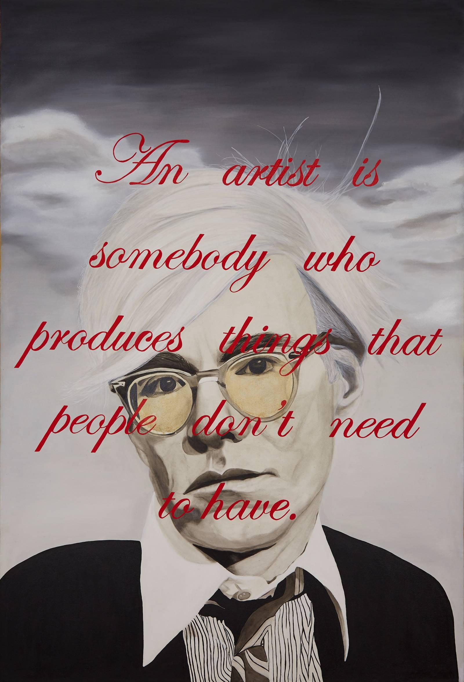 A large painting by American artist Nimai Kesten depicting Andy Warhol in a cloudscape, with his famous quote "An artist is somebody who produces things that people don't need to have" superimposed above. Sides of canvas with a hand-painted faux