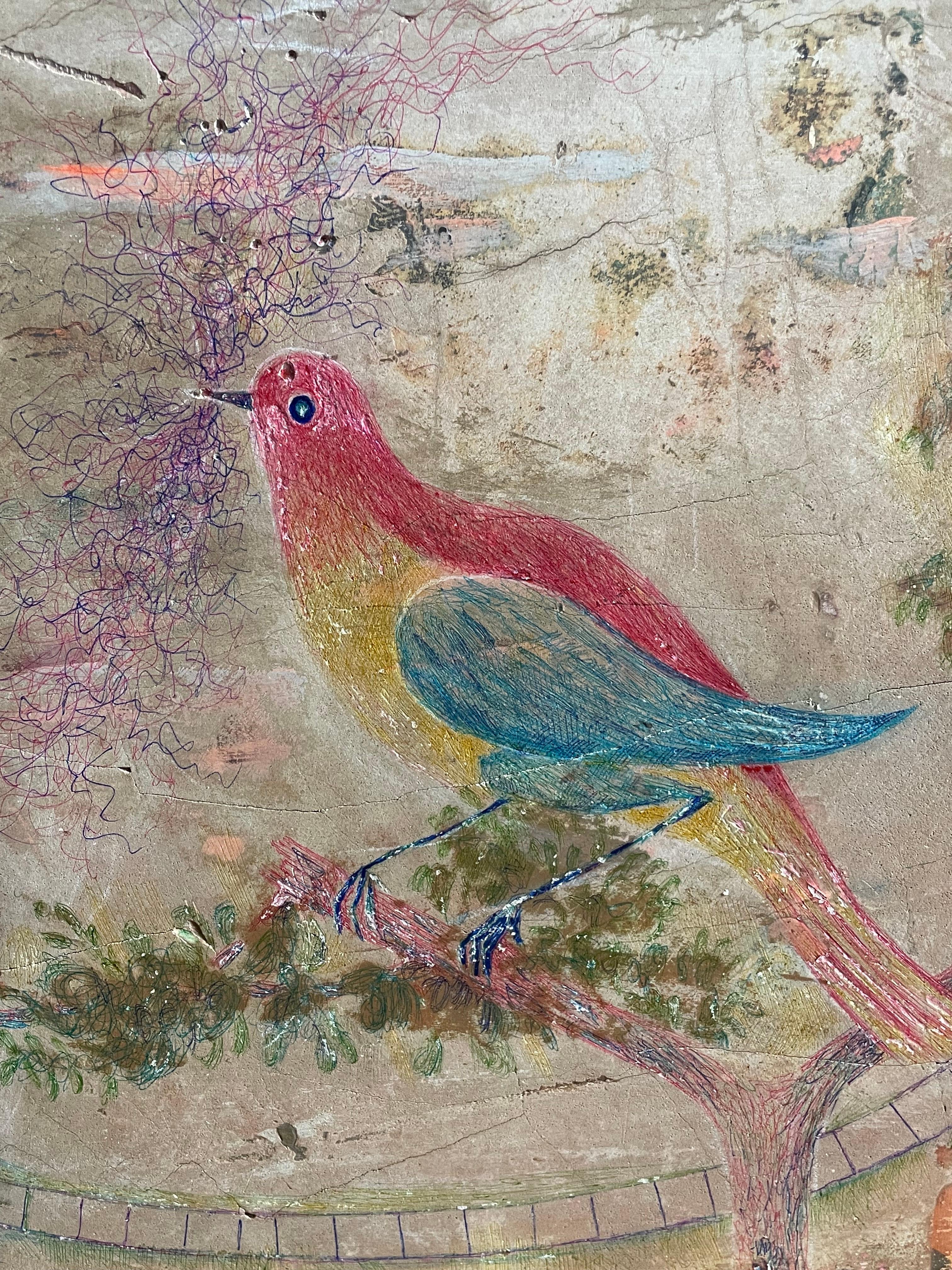 Wonderful painting with bright hues by New York artist Kevin Paulsen. With a central bird motif, surrounded by trees, houses, and other various designs. Pigment and ink on plaster and polystyrene, intended to look like a fragment. Mounted in wooden