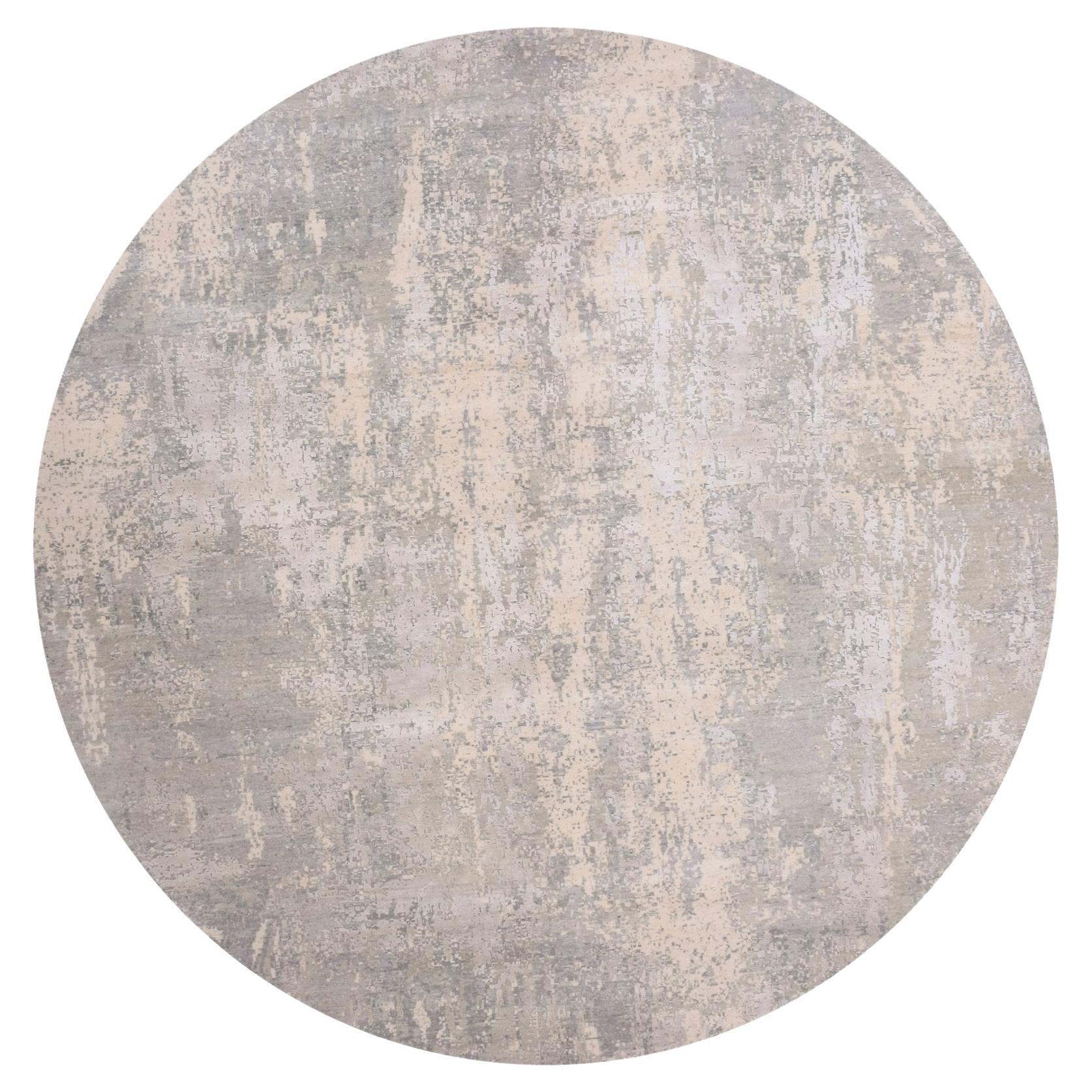 Nimbus Gray Modern Abstract Design Hand Knotted Wool and Silk Round Oriental Rug