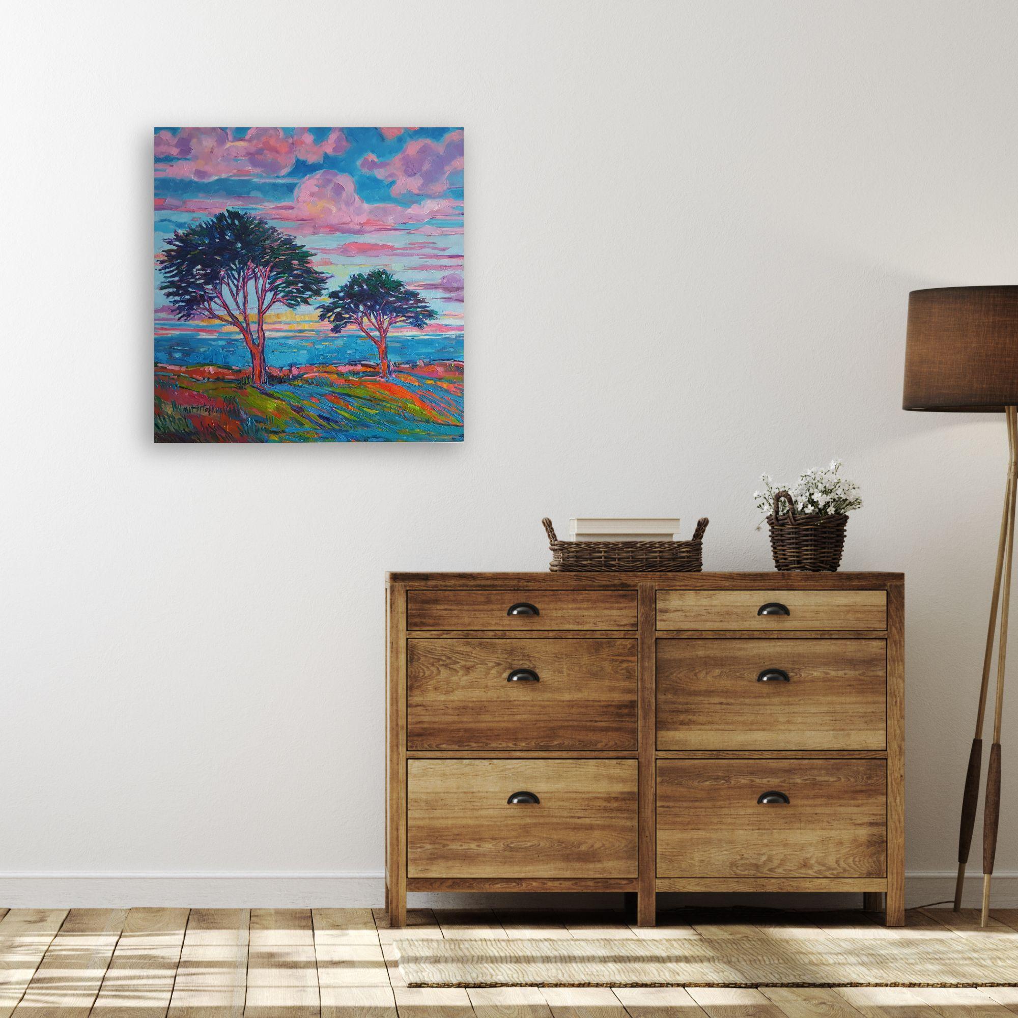 How close are Trees, Lake and Clouds-original impressionism landscape painting - Painting by Nimet Keser