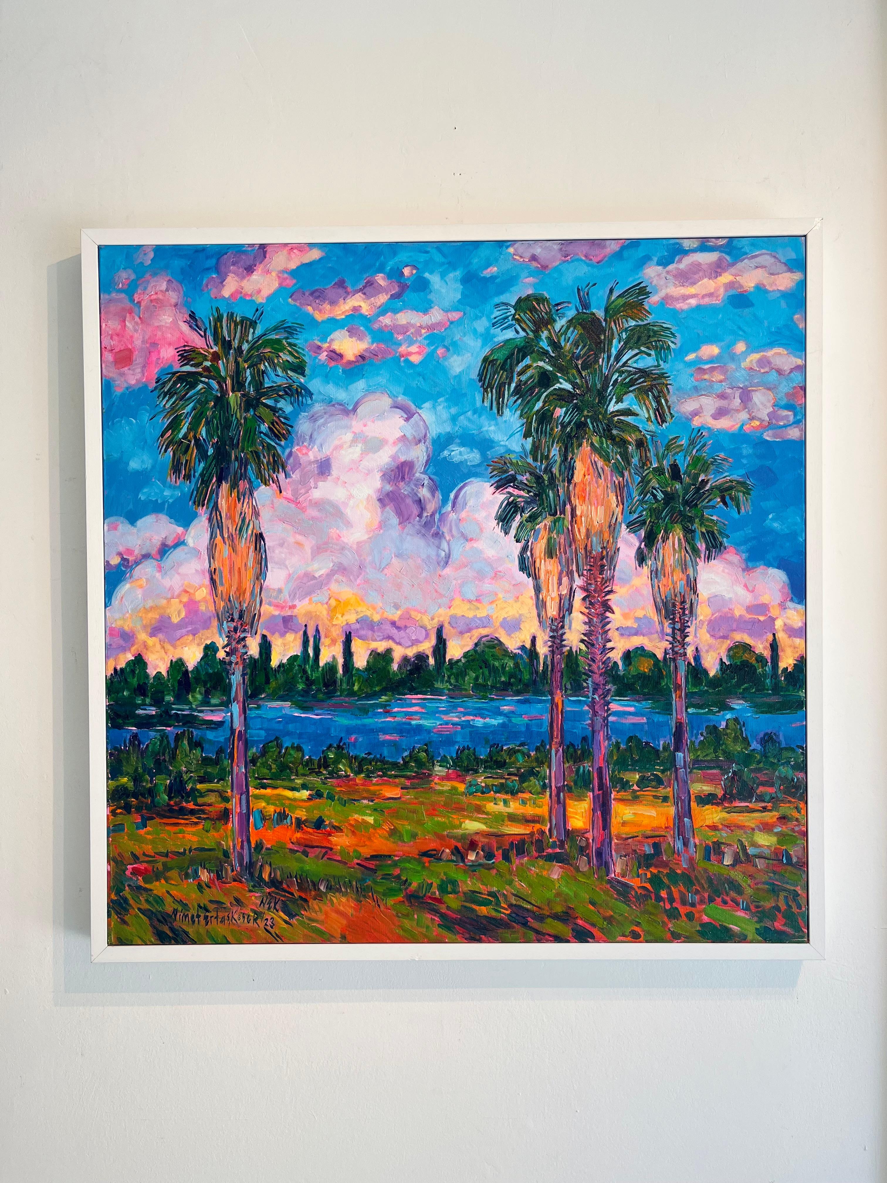 Palm trees by the River side & Sunset-original impressionism landscape painting - Painting by Nimet Keser