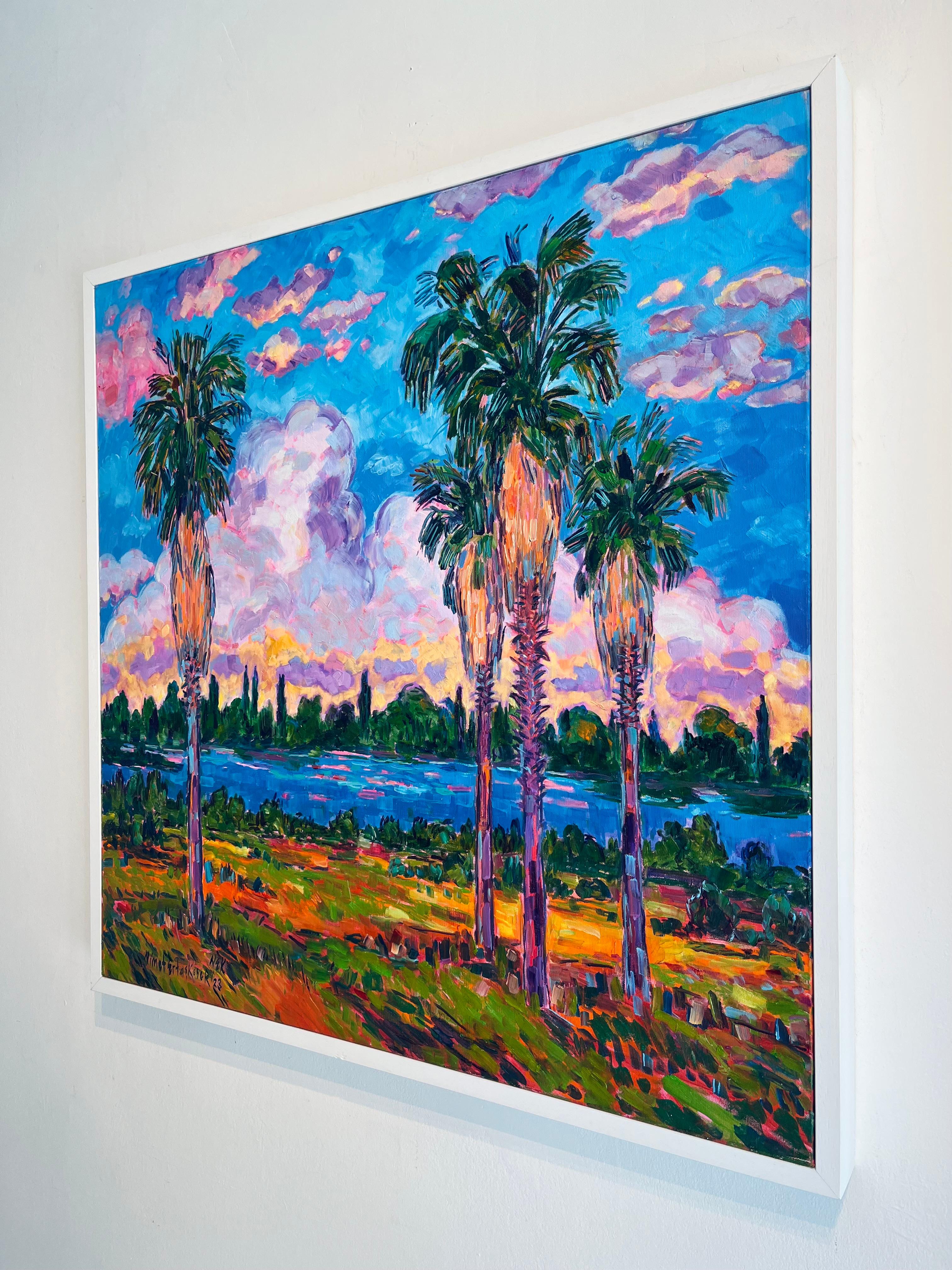 Palm trees by the River side & Sunset-original impressionism landscape painting - Impressionist Painting by Nimet Keser