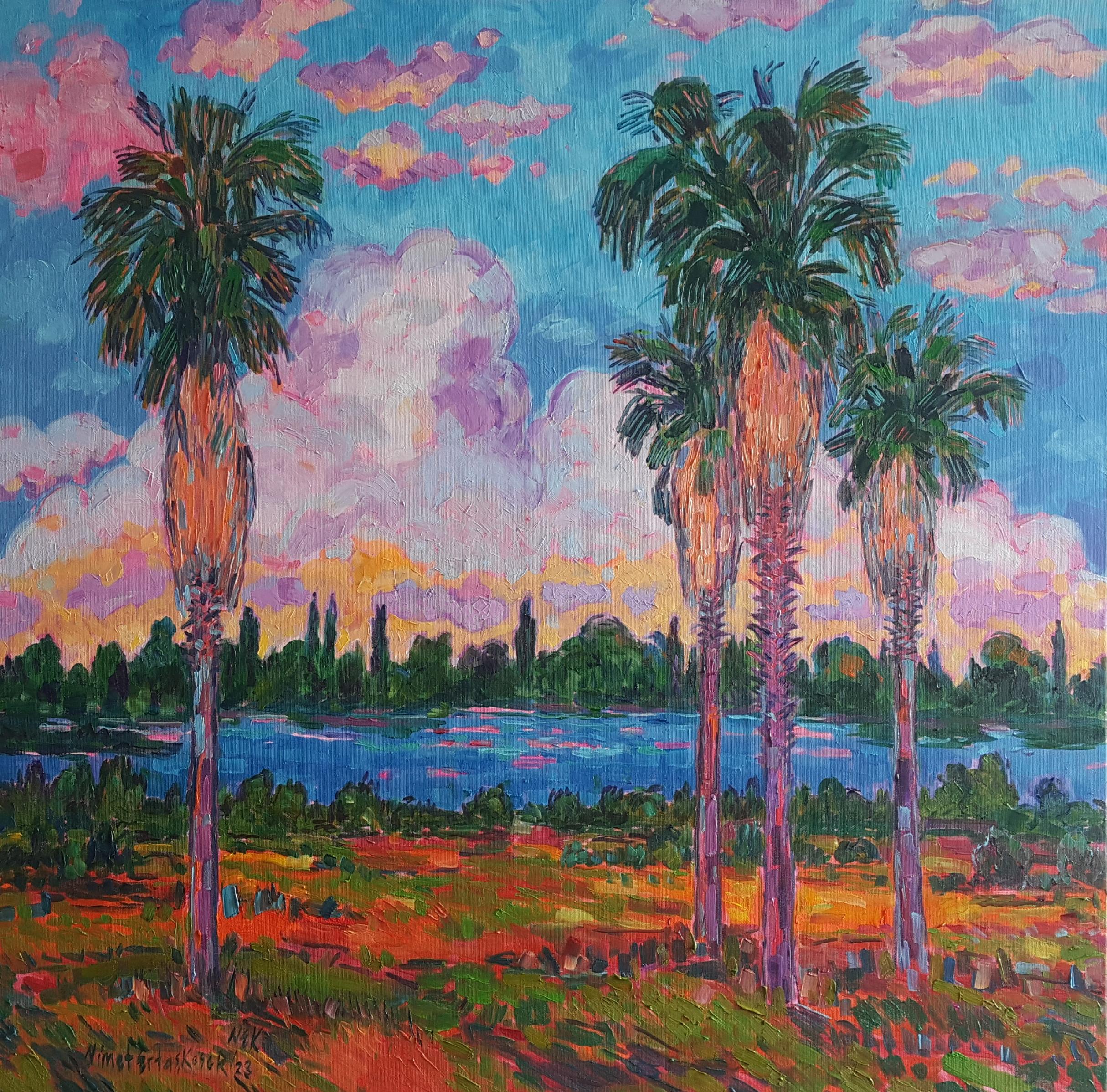 Palmen an der Flussseite und am Sonnenuntergang – original impressionistisches Landschaftsgemälde