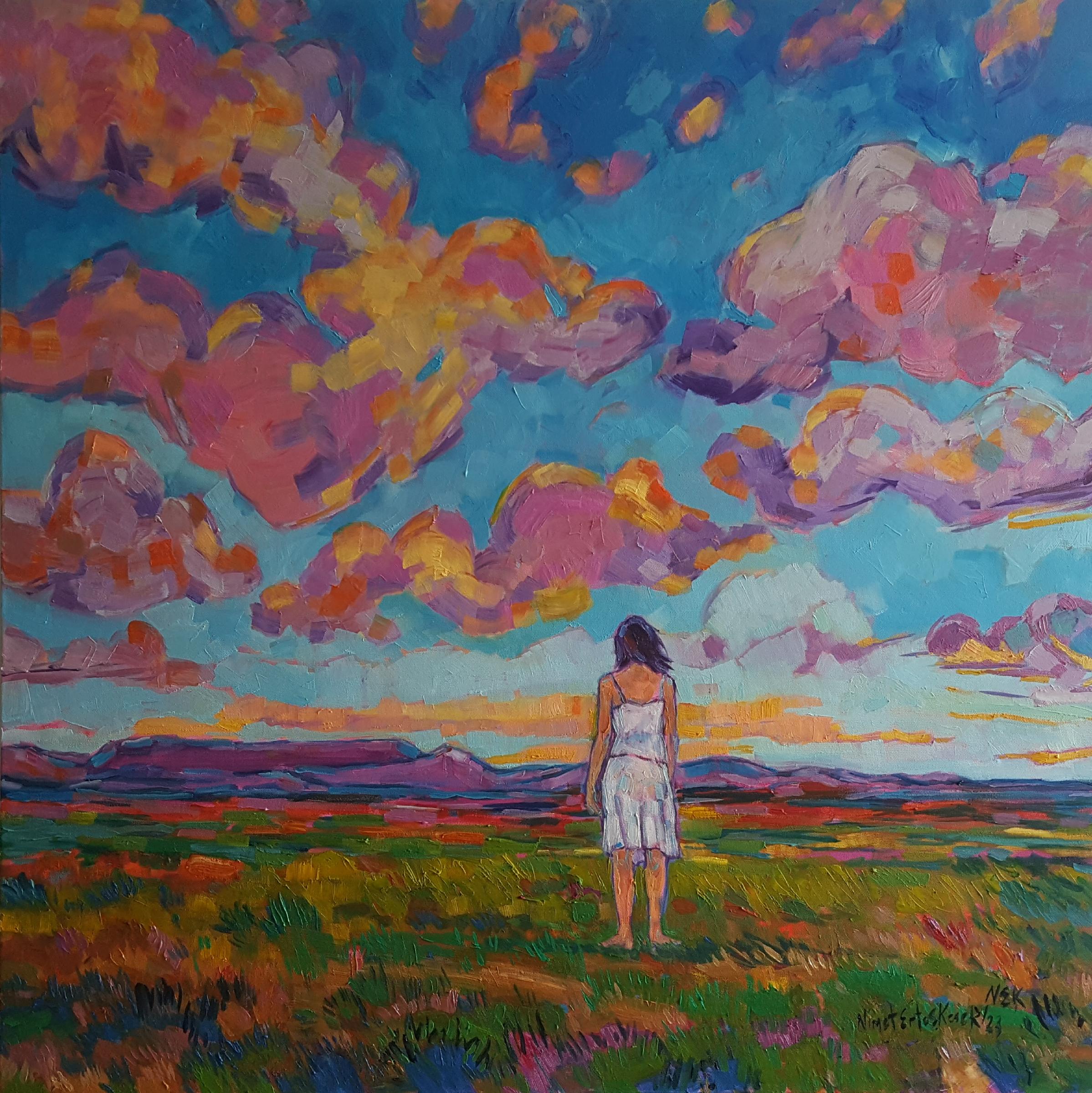 Pink Clouds in a Blue Sky- contemporary colour landscape painting-impressionism 