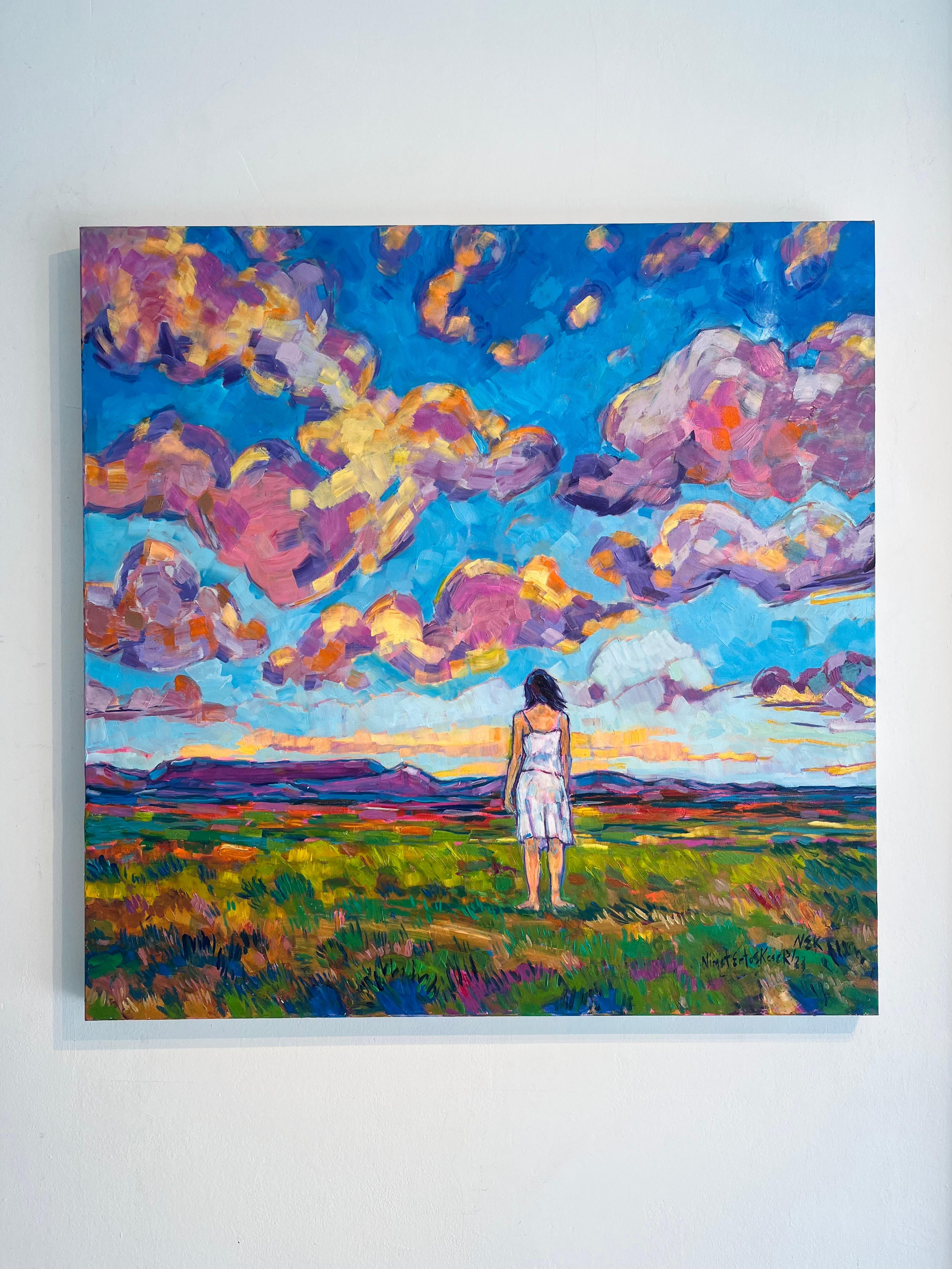 Rosa Wolken in einem blauen Himmel-originale zeitgenössische Impressionismus Landschaftsmalerei – Painting von Nimet Keser