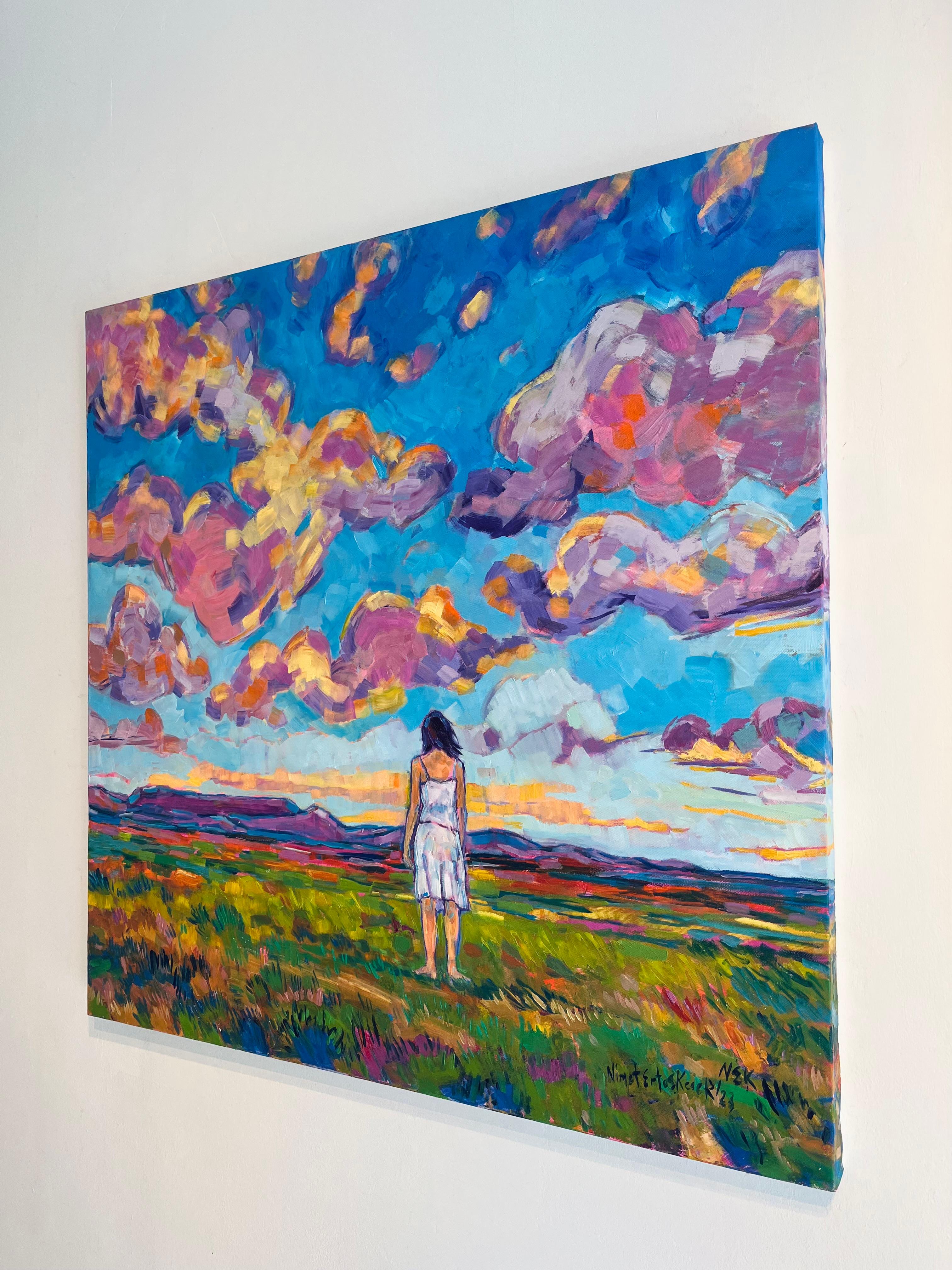Rosa Wolken in einem blauen Himmel-originale zeitgenössische Impressionismus Landschaftsmalerei (Grau), Abstract Painting, von Nimet Keser