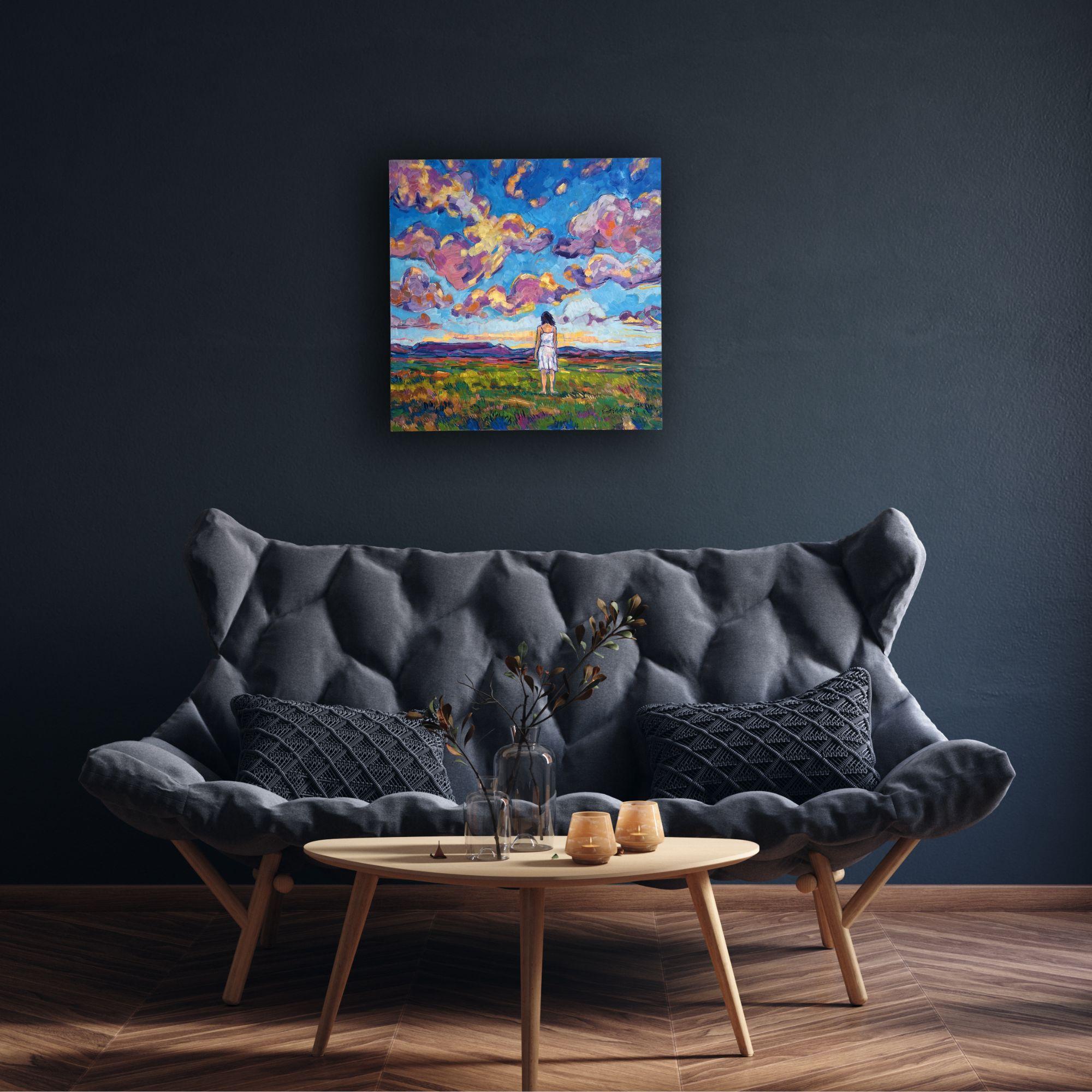 Rosa Wolken in einem blauen Himmel-originale zeitgenössische Impressionismus Landschaftsmalerei im Angebot 1