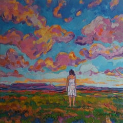 Nuages roses dans un ciel bleu-peinture impressionniste contemporaine originale de paysage