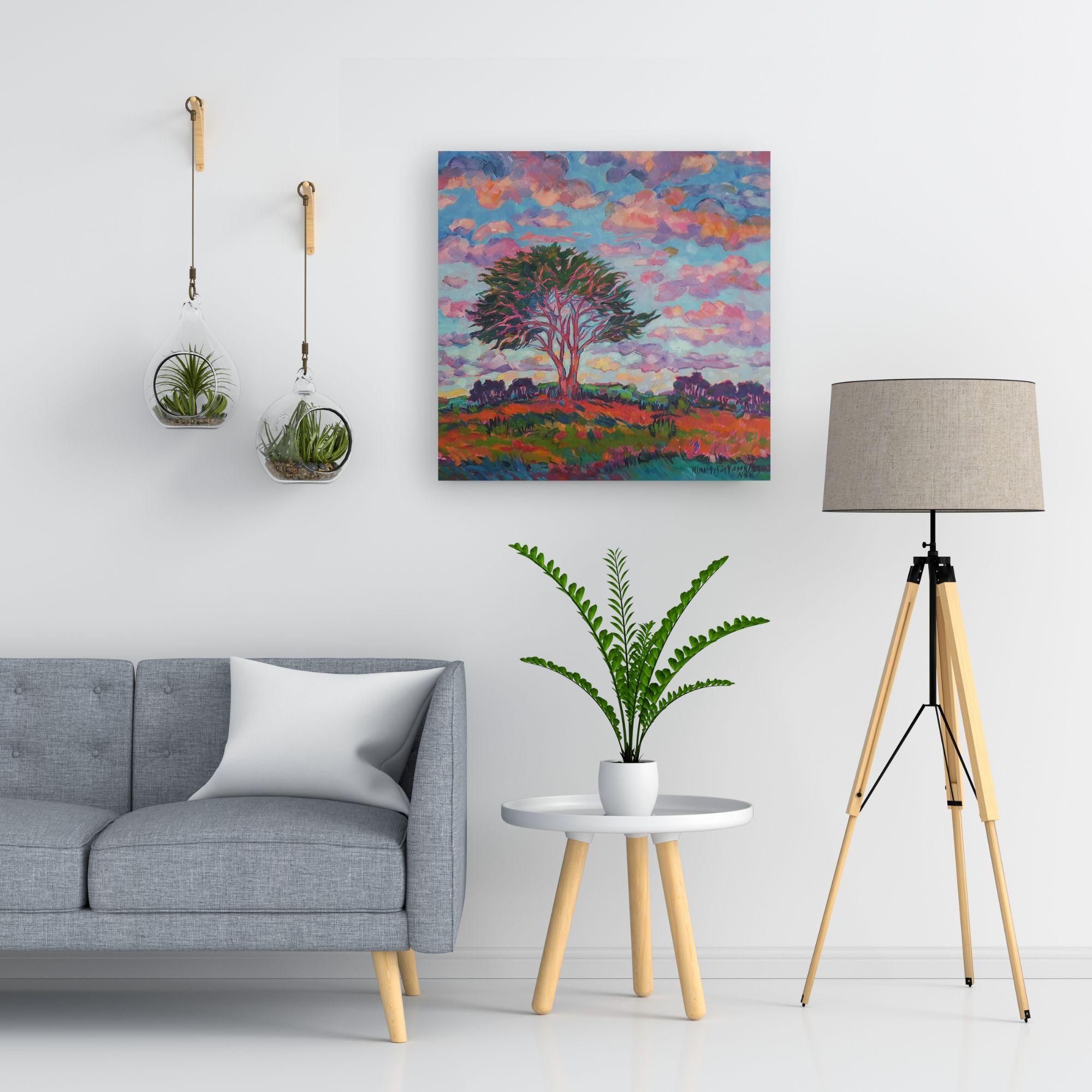 Tree & Pink Clouds-original abstract impressionism oil painting-contemporary Art - Painting by Nimet Keser
