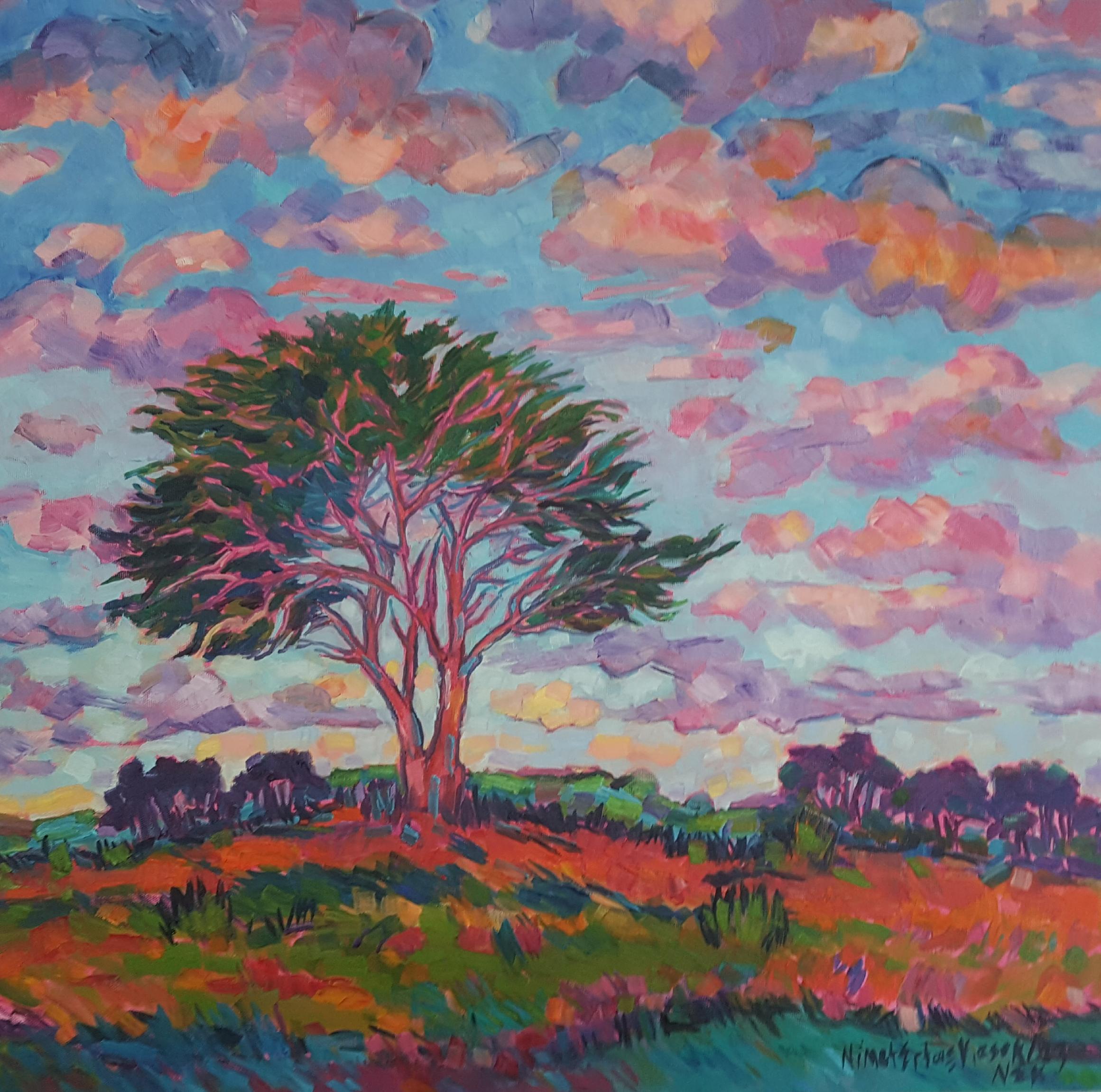 Arbre et nuages roses-peinture à l'huile impressionniste abstraite originale-art contemporain