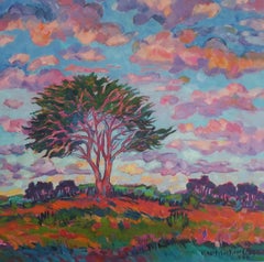 Arbre avec nuages roses- peinture à l'huile contemporaine-impressionnisme Art