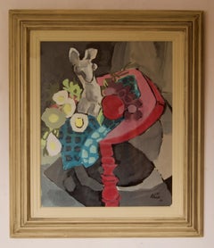 Abstract Still Life of Vase Fruit on Table Watercolour - Late 1960s by Nina