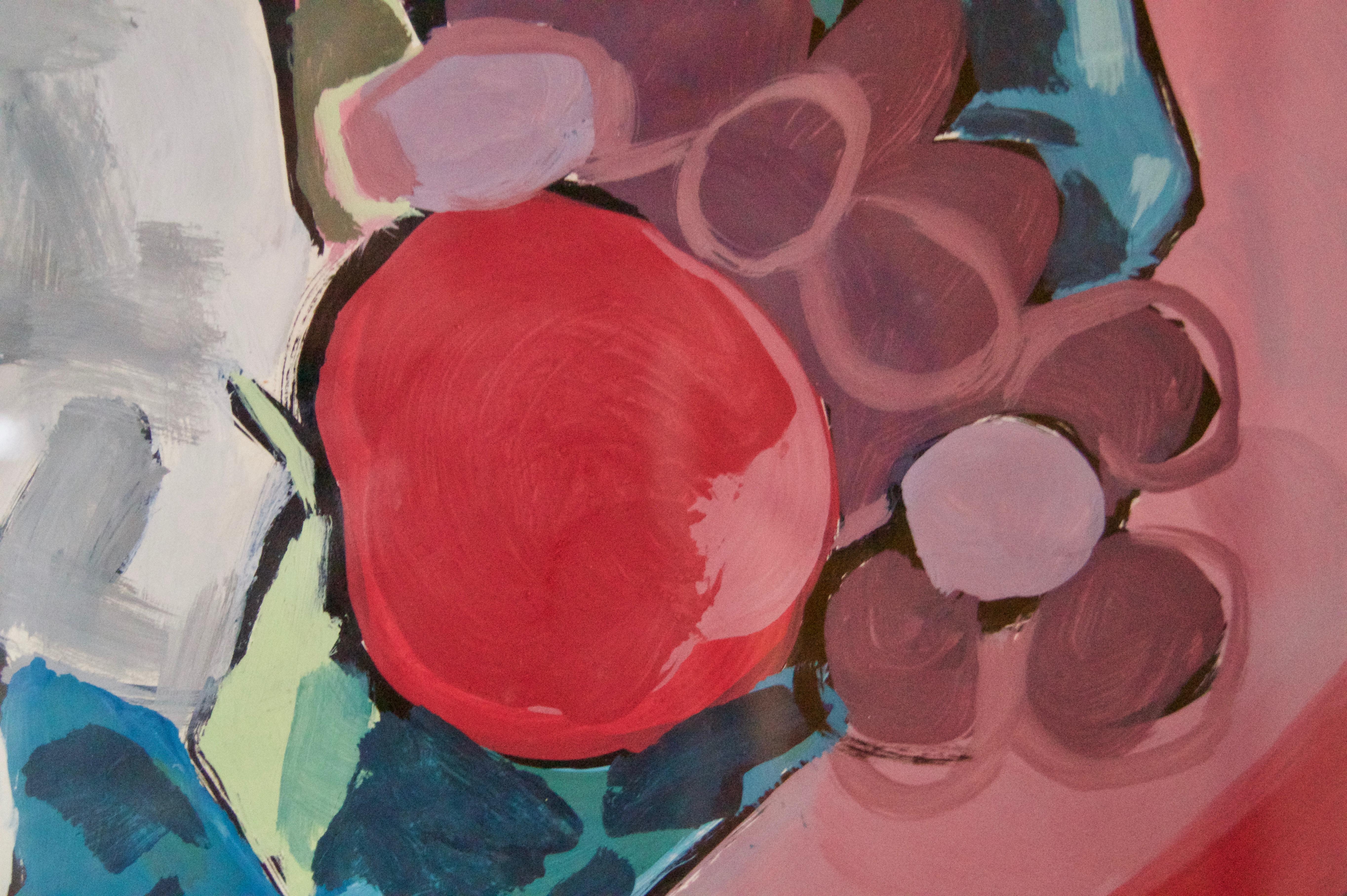 Abstraktes Stillleben einer Vase, Obst auf Tisch, Aquarell - Ende der 1960er Jahre, von Nina im Angebot 4
