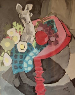 Abstraktes Stillleben einer Vase, Obst auf Tisch, Aquarell - Ende der 1960er Jahre, von Nina