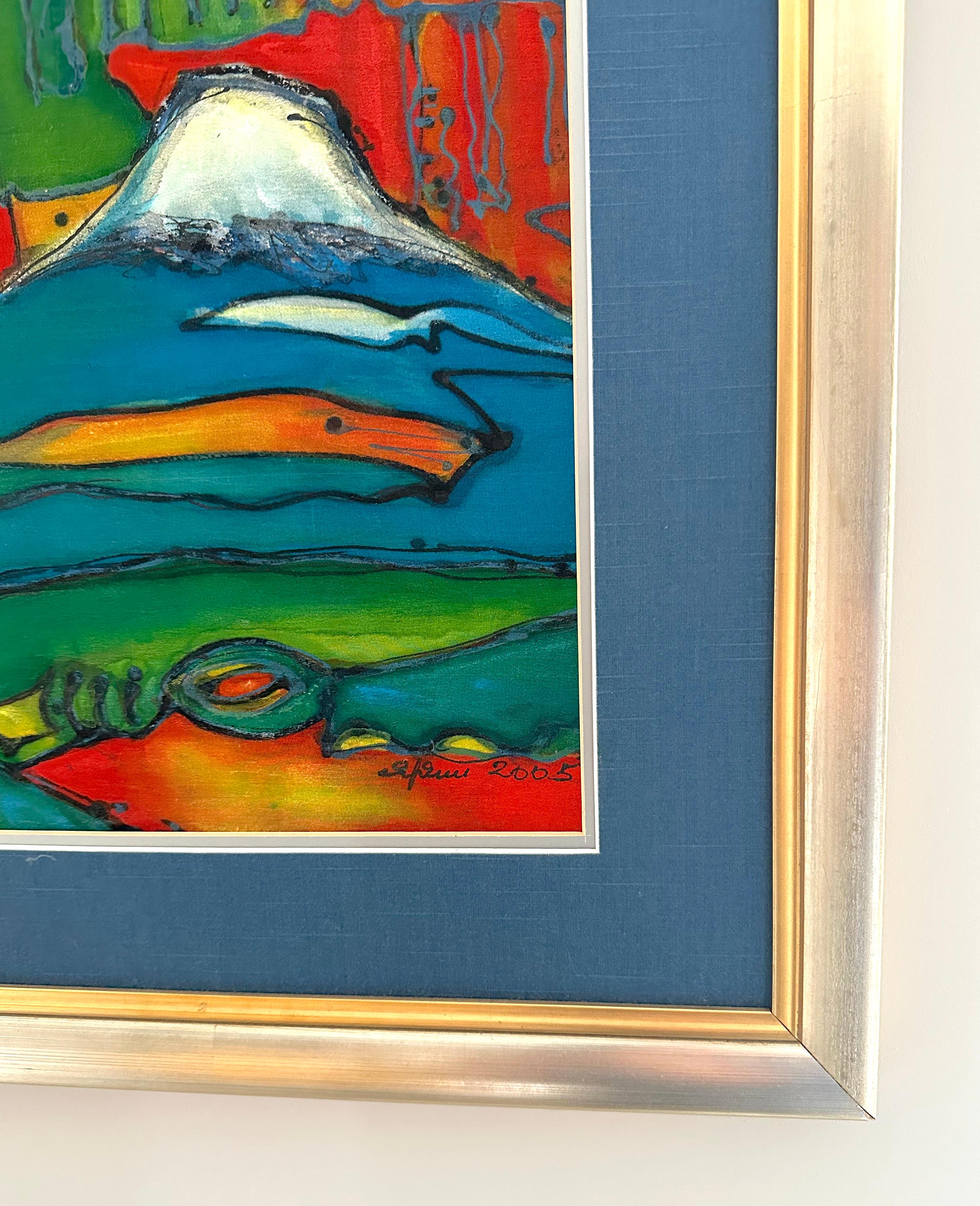 Ararat, Batik, Abstract Landscape, Original Painting, Ready to Hang, Framed For Sale 1