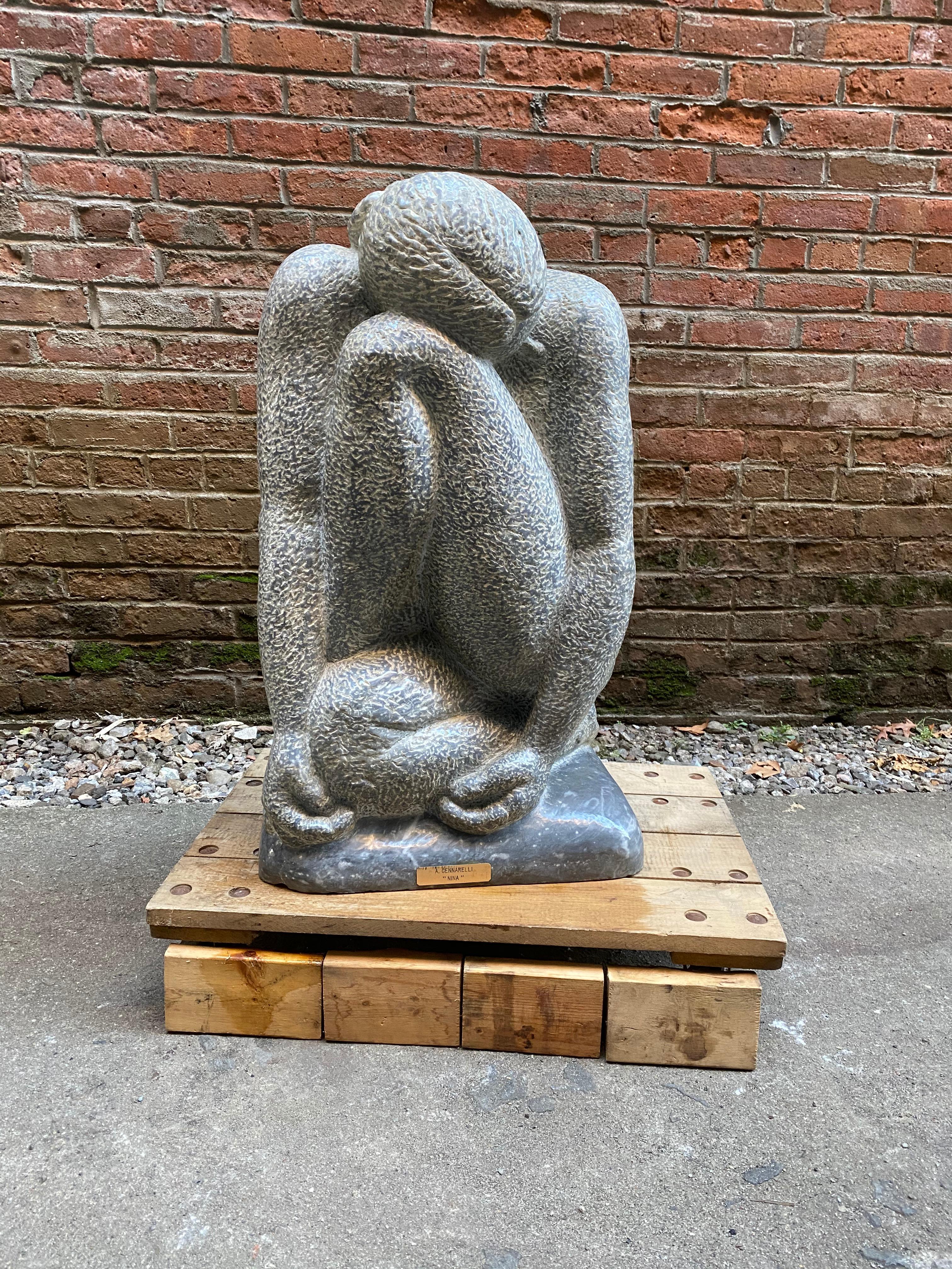 Nina by Anthony Gennarelli, circa 1980-1985. Gennarelli's homage to the nude bathers of earlier times. Sculpted in Bardiglio gray marble. Very good condition with no visible issues. Minor cosmetic wear and blemishes. A very heavy and sizable piece