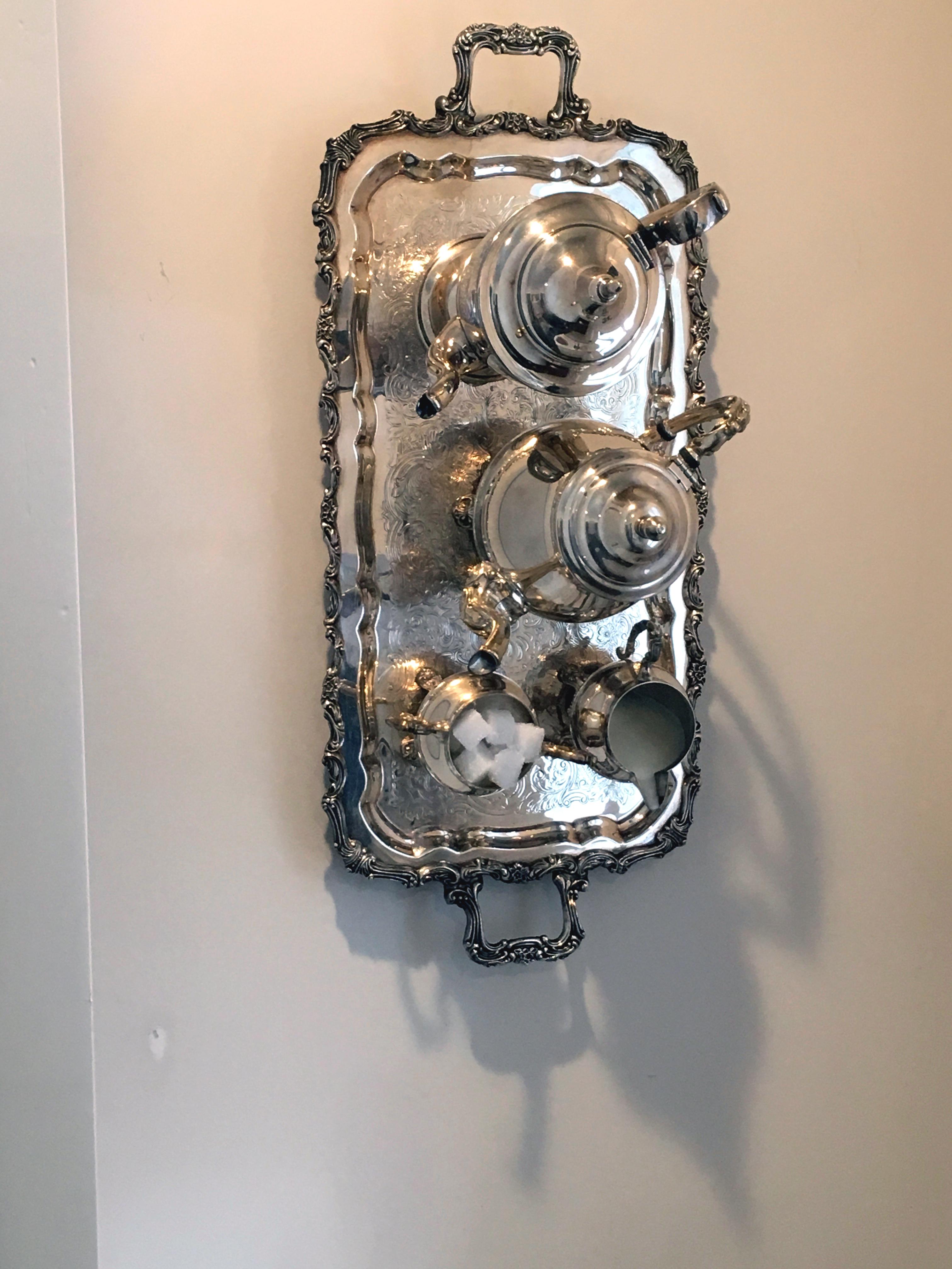 Nina Bentley Still-Life Sculpture - Entitled 100, Wall Sculpture featuring silver tray, Silver Teapot, Sugar, Cream