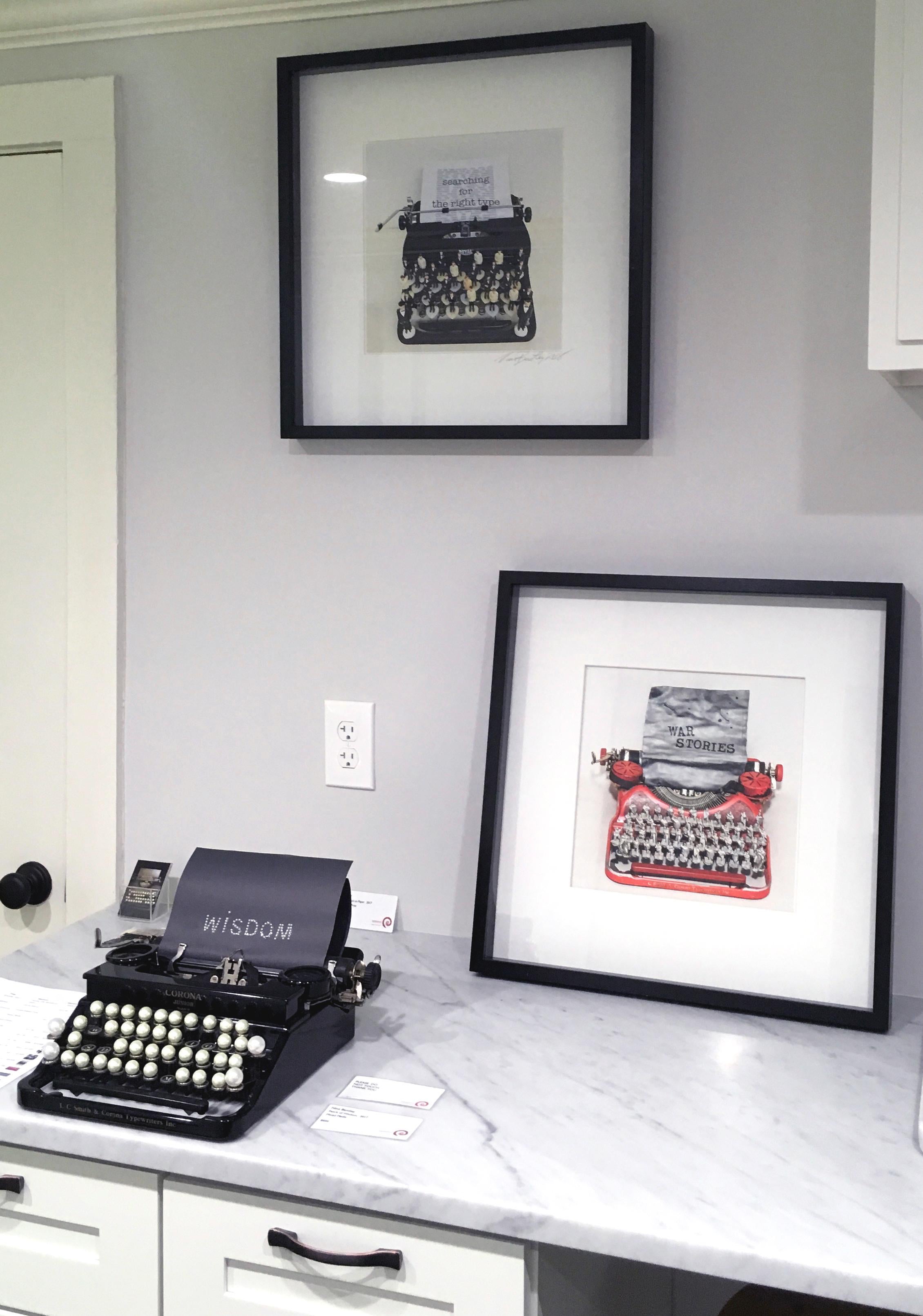 Searching for the Right Type Limited Edition print, typewriter, figures, text - Gray Figurative Print by Nina Bentley