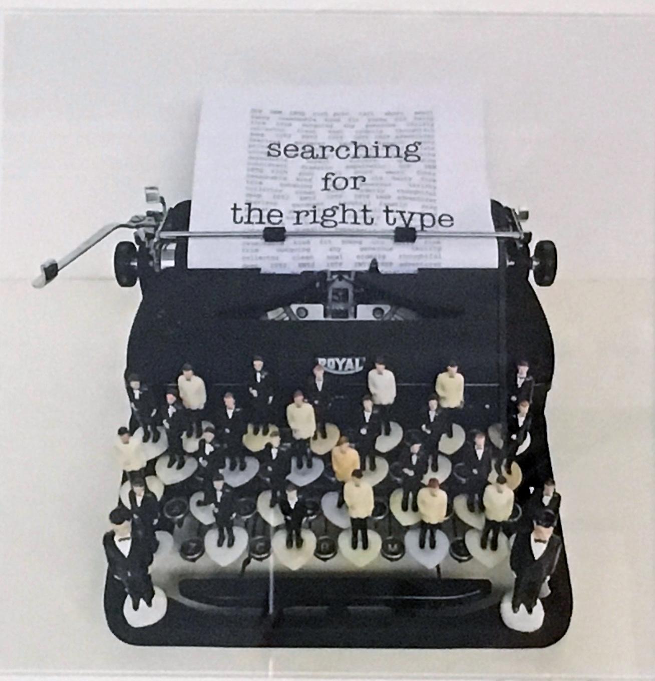 Searching for the Right Type Limited Edition print, typewriter, figures, text - Print by Nina Bentley