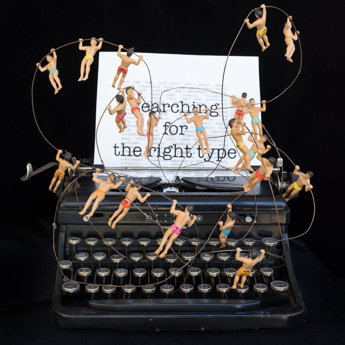 Searching for the Right Type 2, Limited Edition print, typewriter, figures, text - Print by Nina Bentley