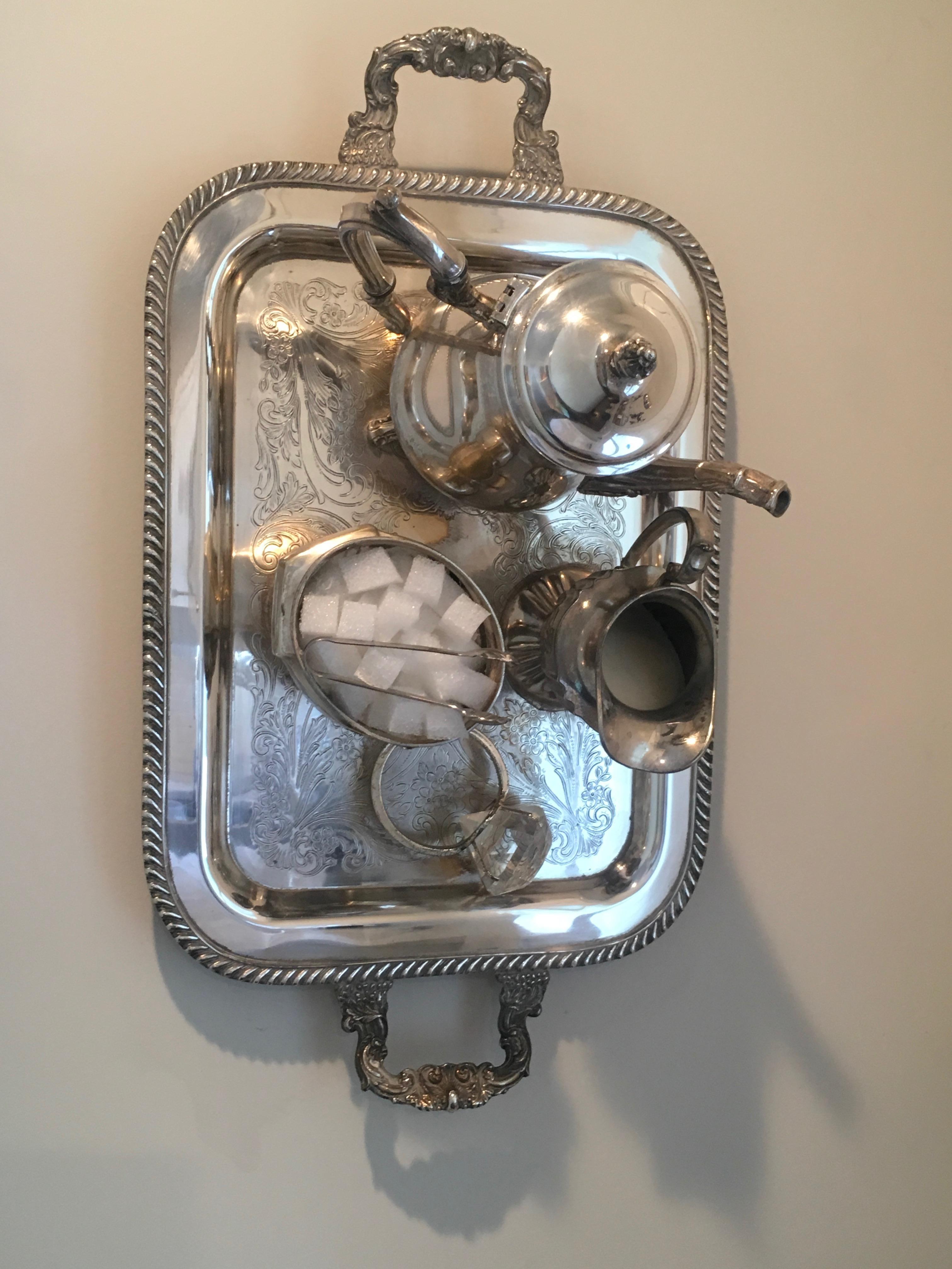 Nina Bentley Still-Life Sculpture - Entitled VI, Wall Sculpture featuring silver tray, Silver Teapot, Diamond Ring