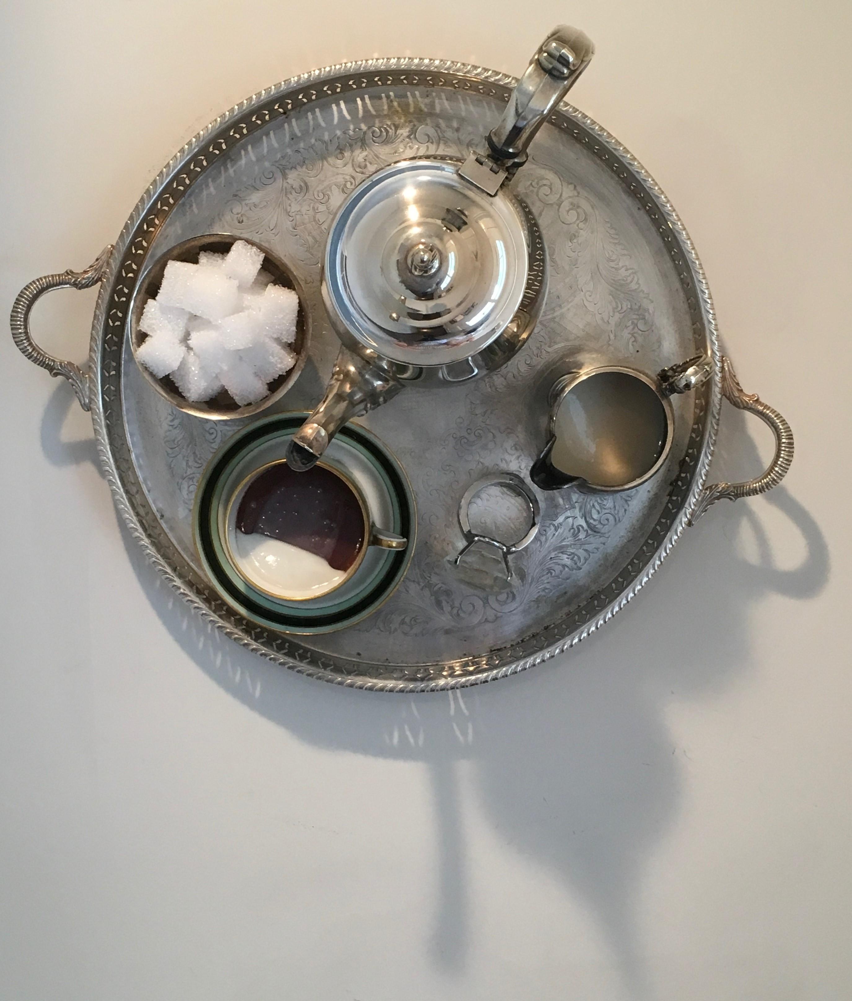 Entitled XI, Wall Sculpture featuring silver tray, Silver Teapot, Diamond Ring - Mixed Media Art by Nina Bentley