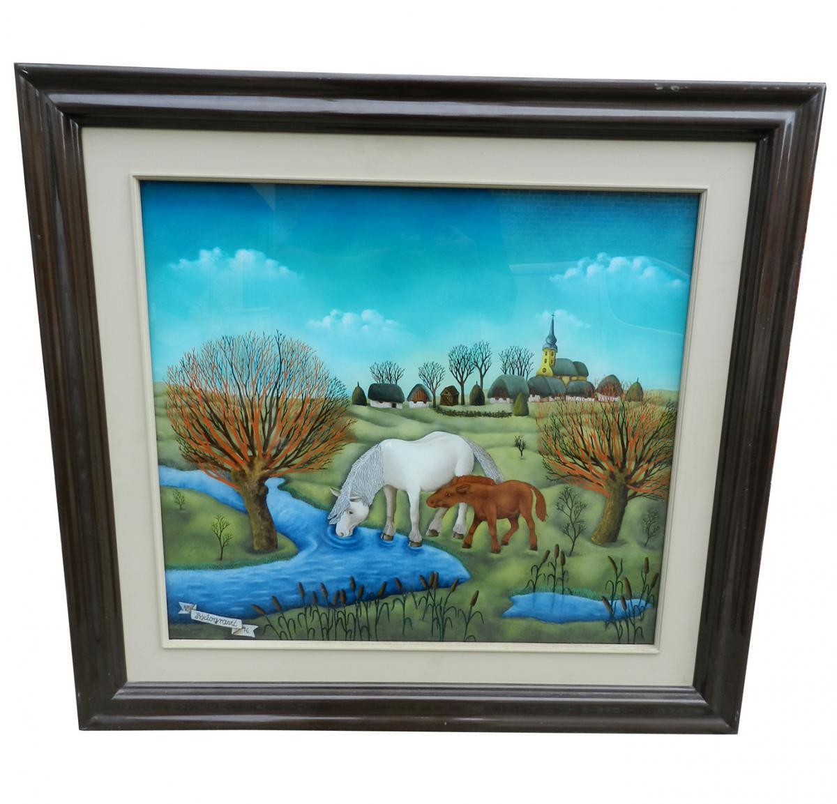 Nina BJELOGRAVIC (1905-1990) painting under glass, signed and dated 1976 For Sale
