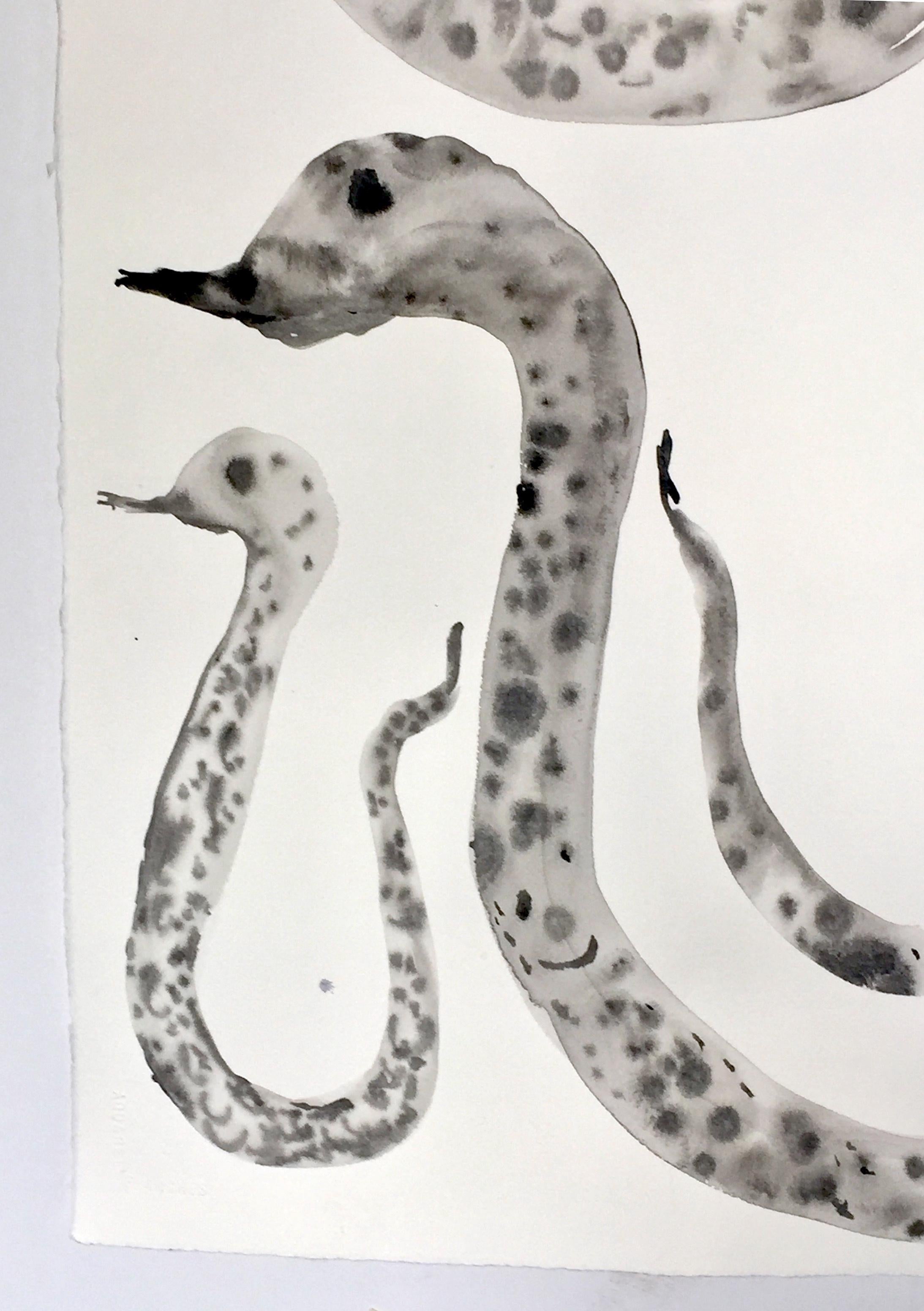 Black and White Snakes ink on Watercolor Paper - Contemporary Painting by Nina Bovasso