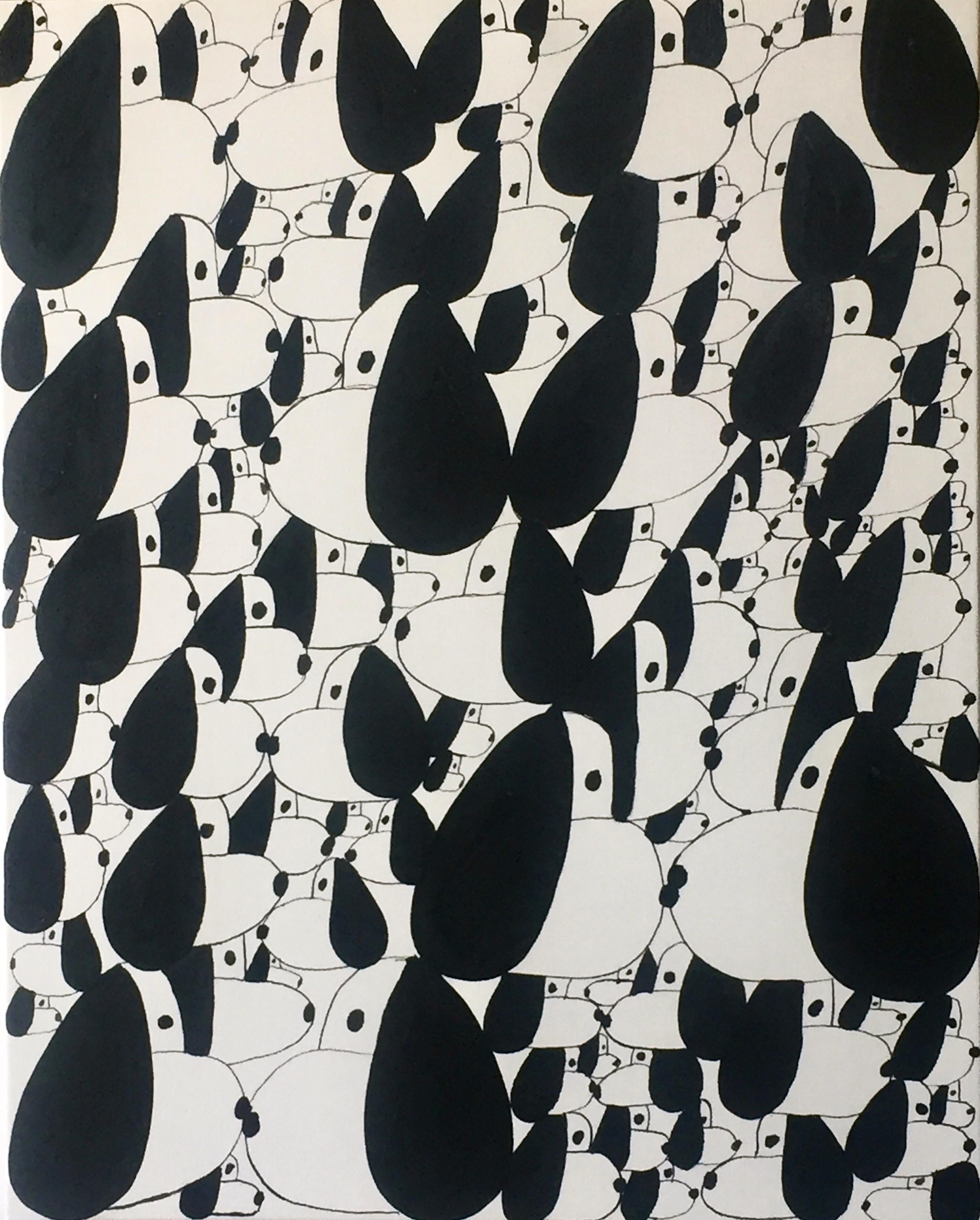 Nina Bovasso Animal Painting - Black and White Snoopies in a Crowd Painting on Canvas 16x20 inches