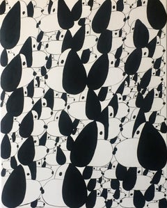 Black and White Snoopies in a Crowd Painting on Canvas 16x20 inches