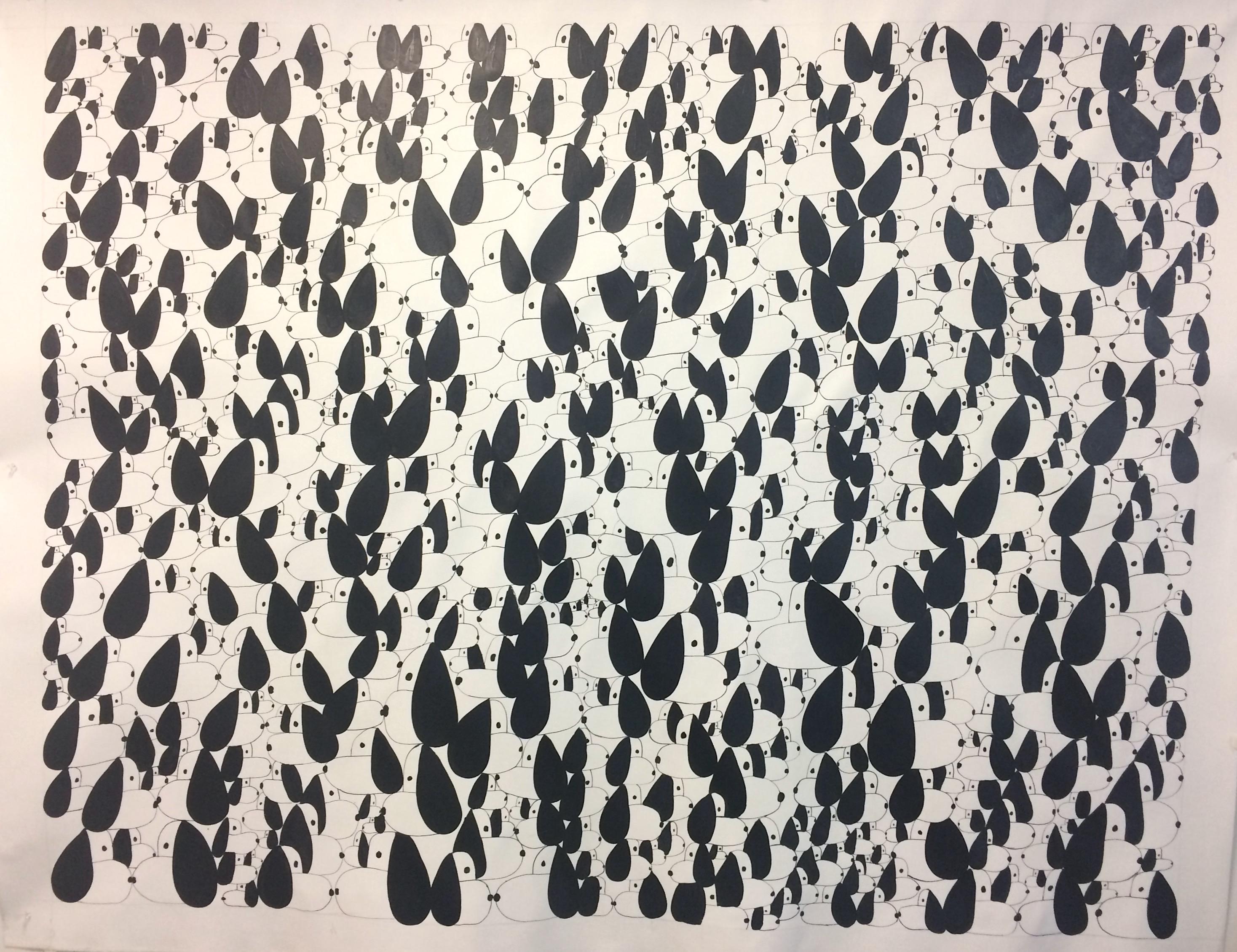 Black and White Snoopies on Canvas 2 - Painting by Nina Bovasso
