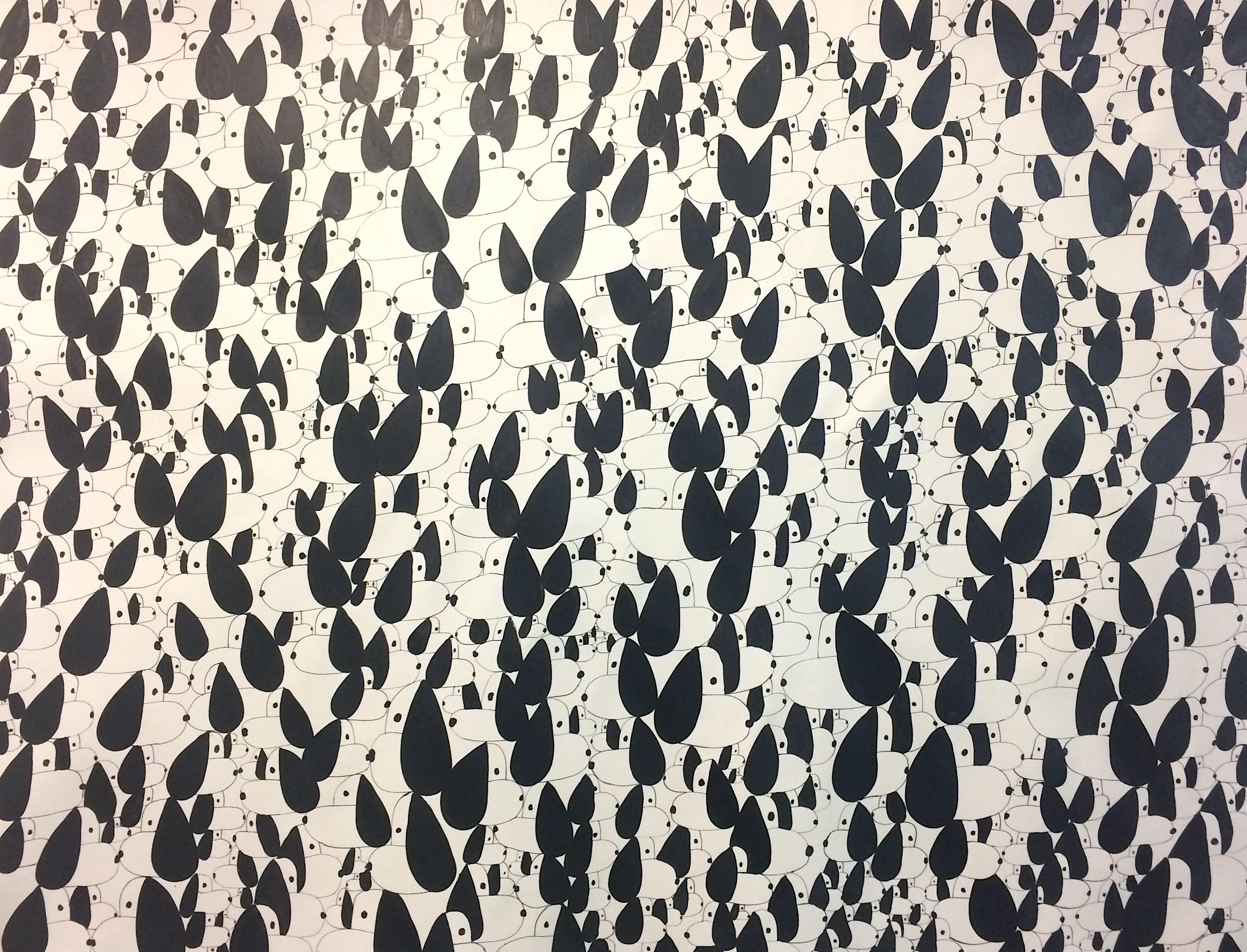 Nina Bovasso Animal Painting - Black and White Snoopies on Canvas 2