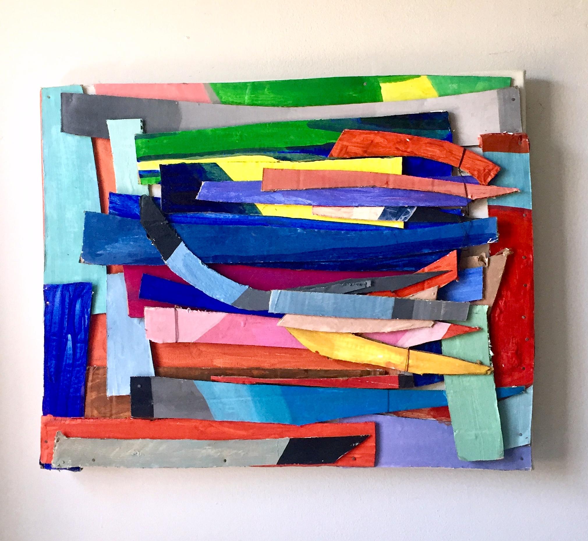 Colorful Painted Cardboard Collage on Canvas Pile in relief w/ Thread 16x20 inch - Painting by Nina Bovasso