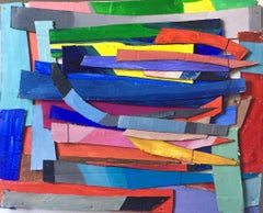 Colorful Painted Cardboard Collage on Canvas Pile in relief w/ Thread 16x20 inch